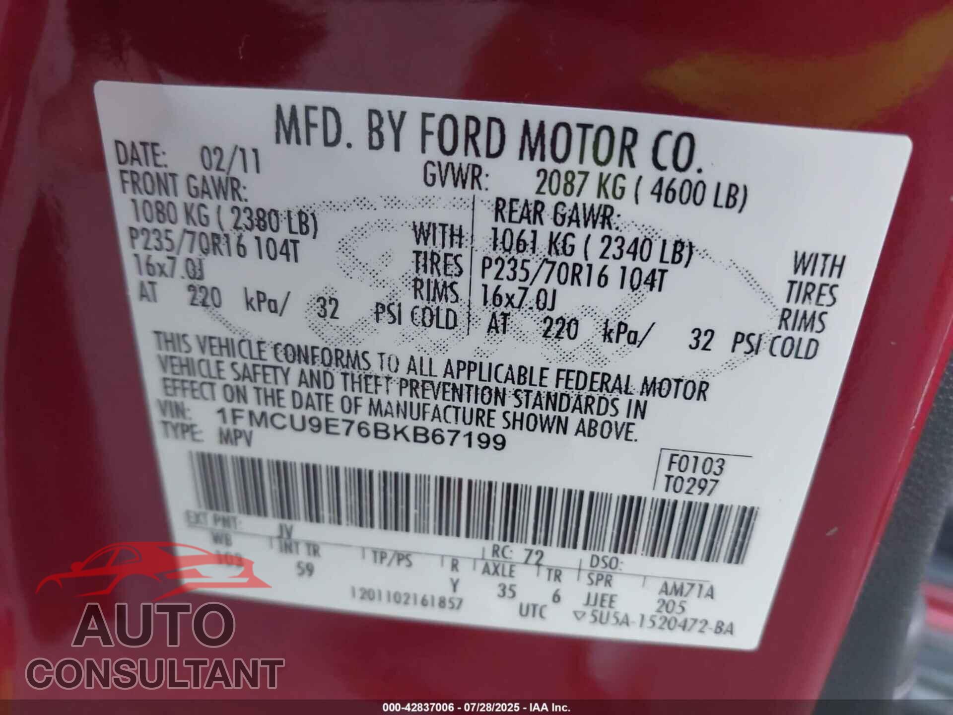FORD ESCAPE 2011 - 1FMCU9E76BKB67199