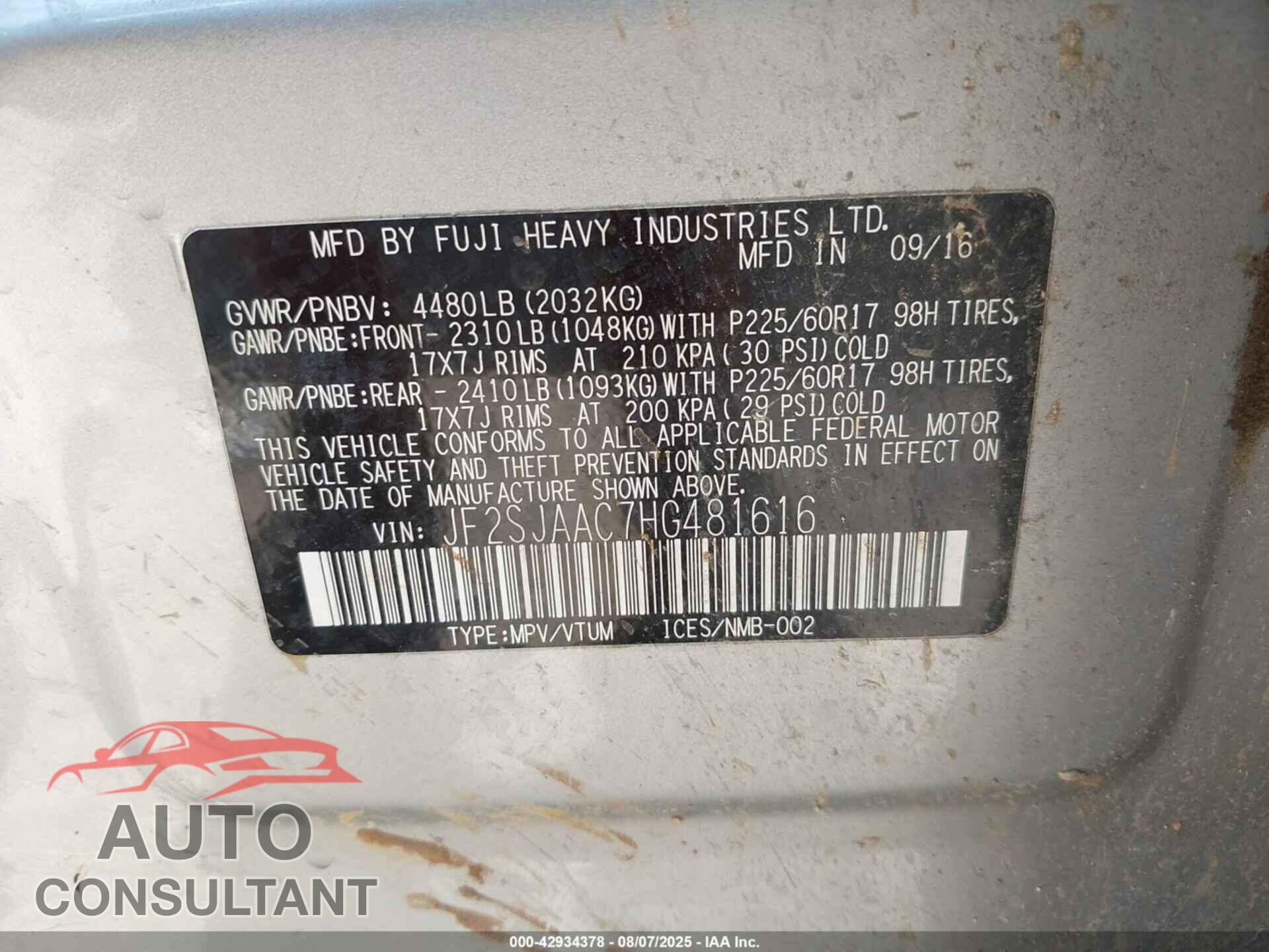 SUBARU FORESTER 2017 - JF2SJAAC7HG481616