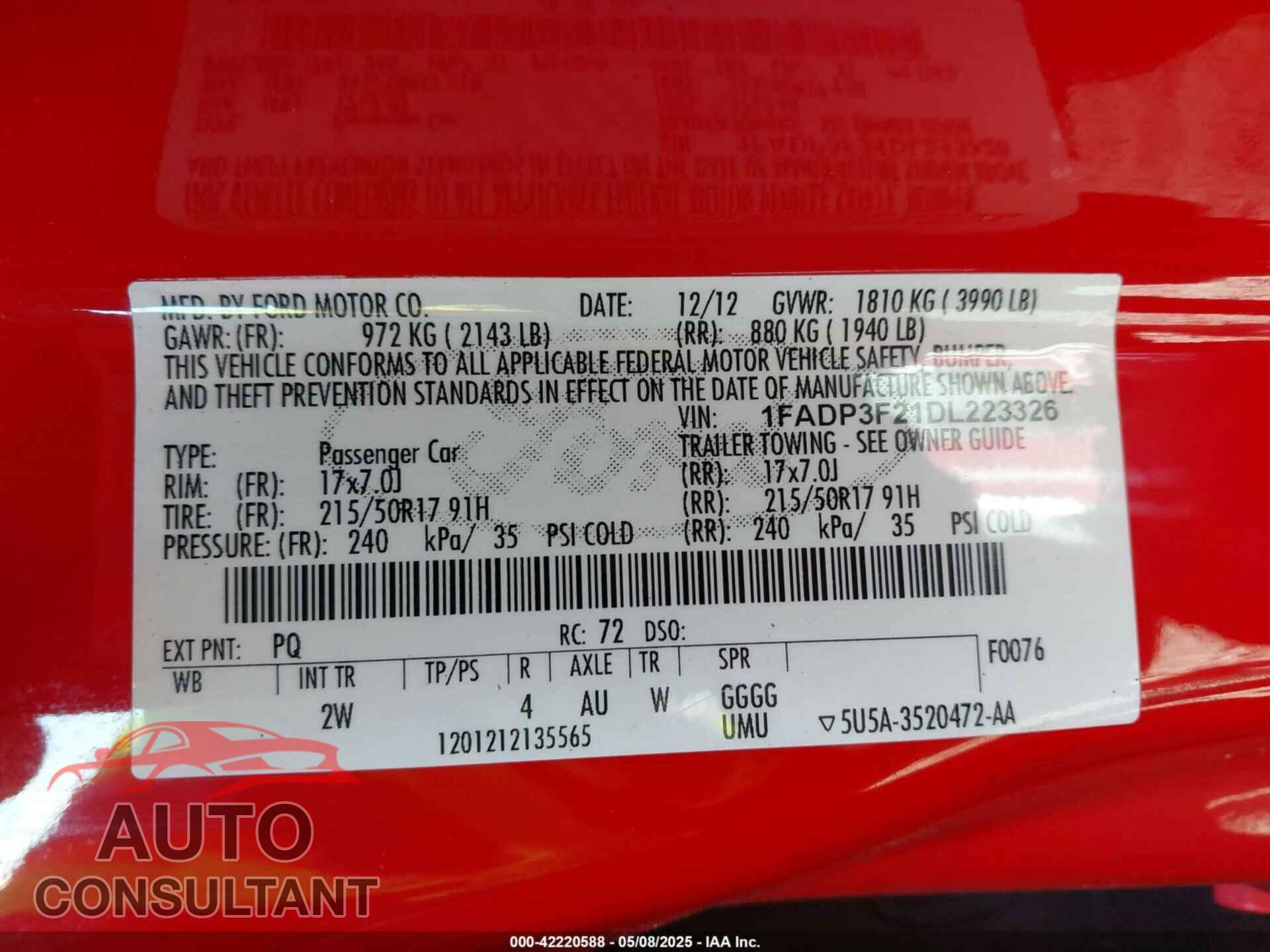 FORD FOCUS 2013 - 1FADP3F21DL223326