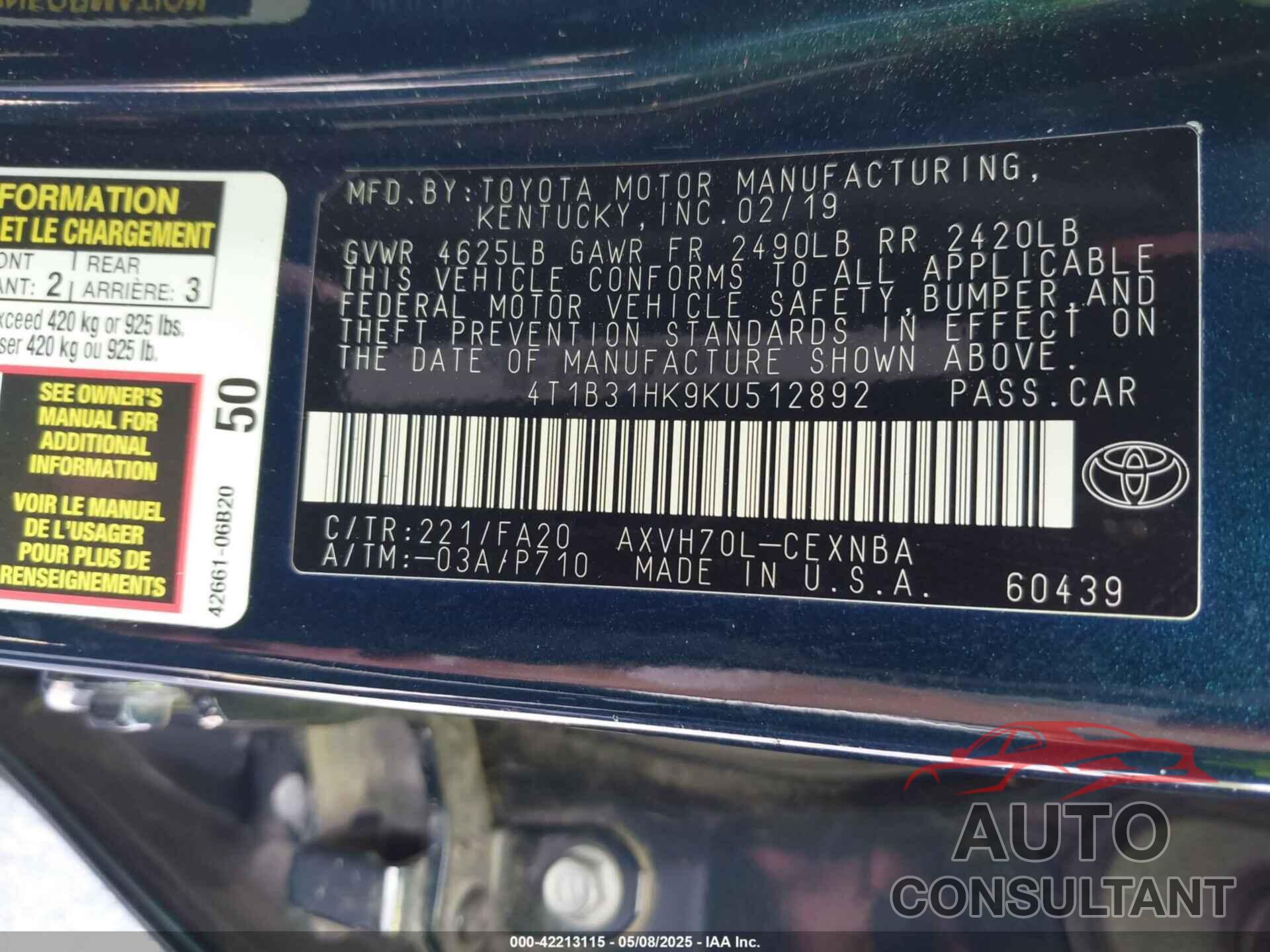 TOYOTA CAMRY HYBRID 2019 - 4T1B31HK9KU512892