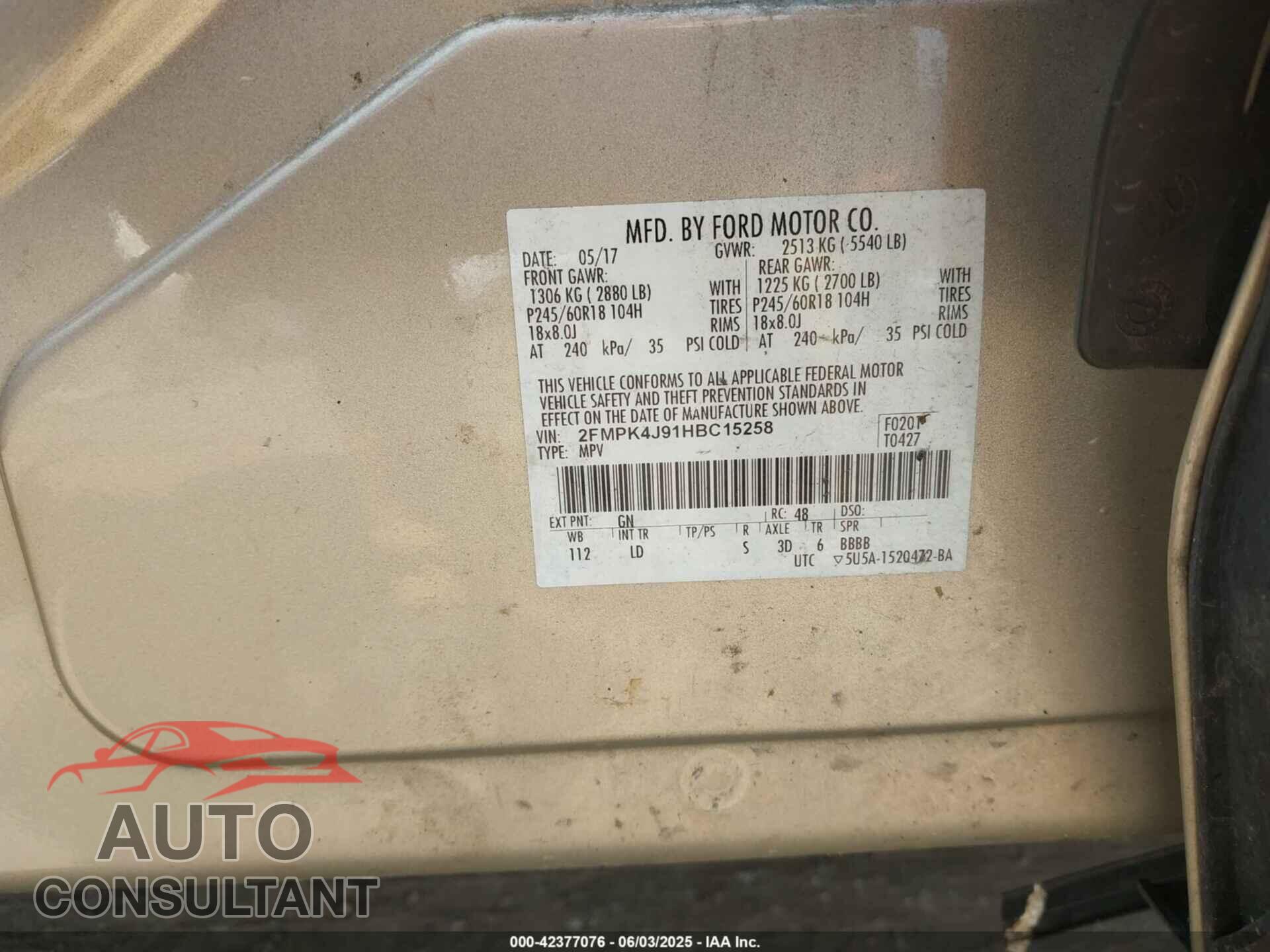 FORD EDGE 2017 - 2FMPK4J91HBC15258