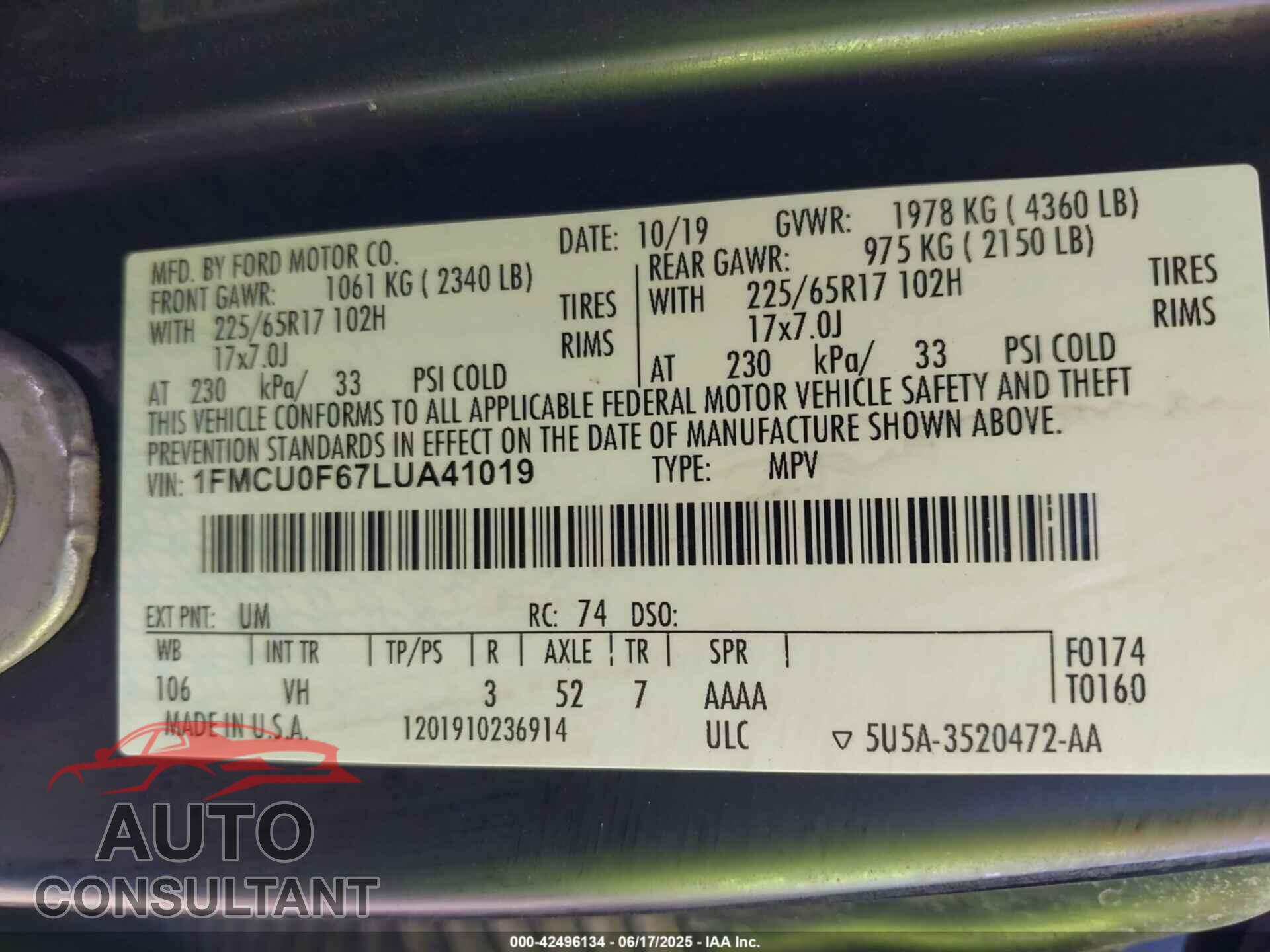 FORD ESCAPE 2020 - 1FMCU0F67LUA41019