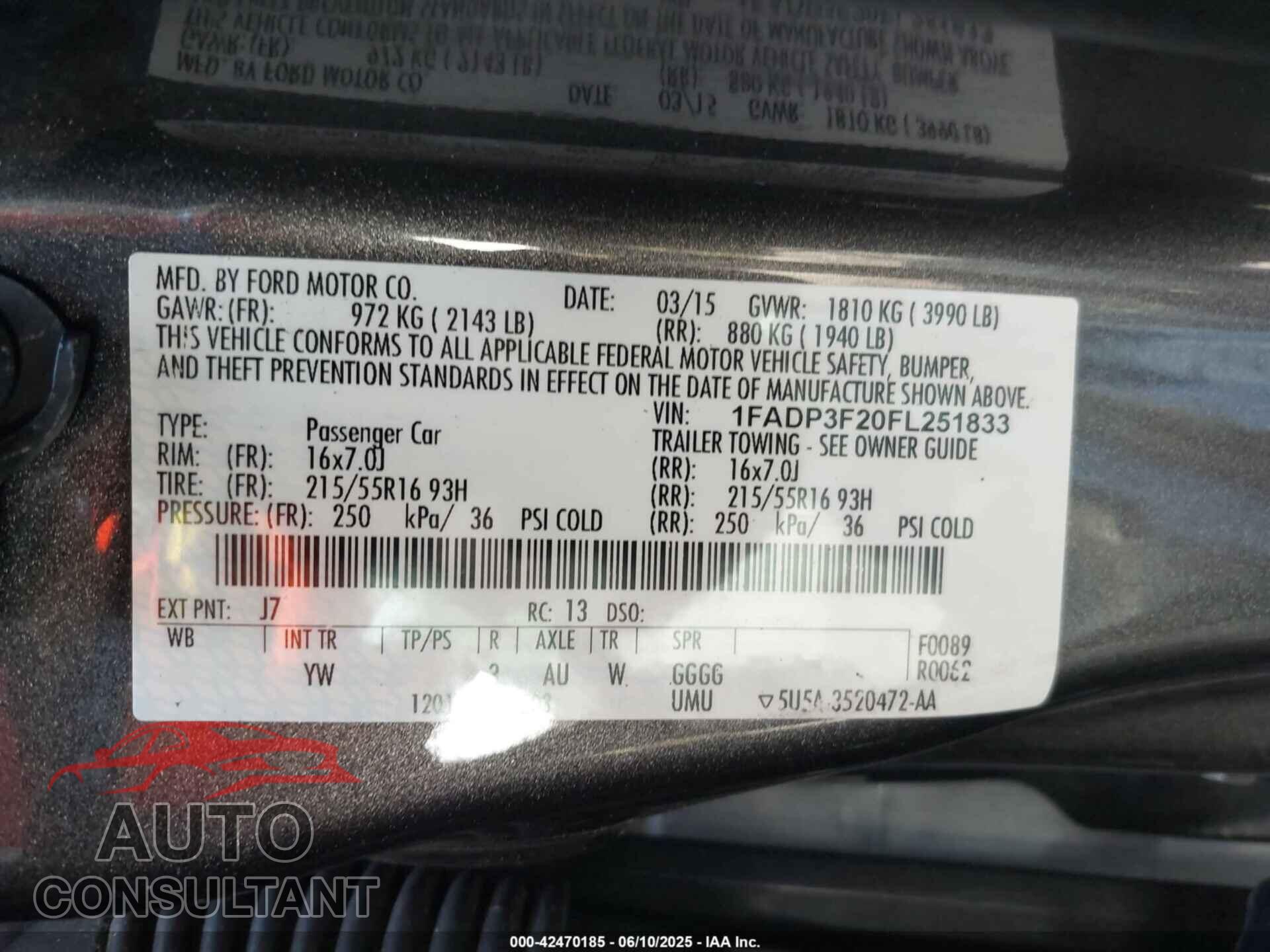 FORD FOCUS 2015 - 1FADP3F20FL251833