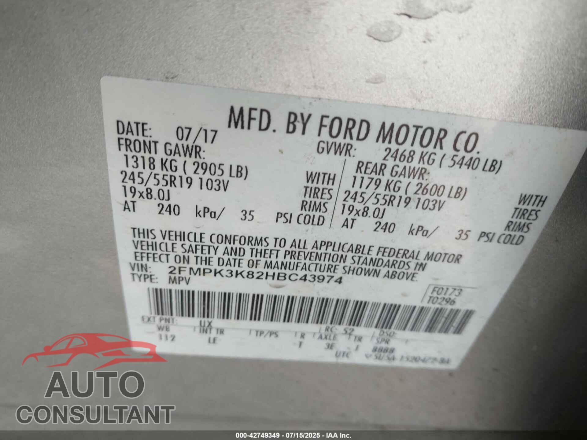 FORD EDGE 2017 - 2FMPK3K82HBC43974