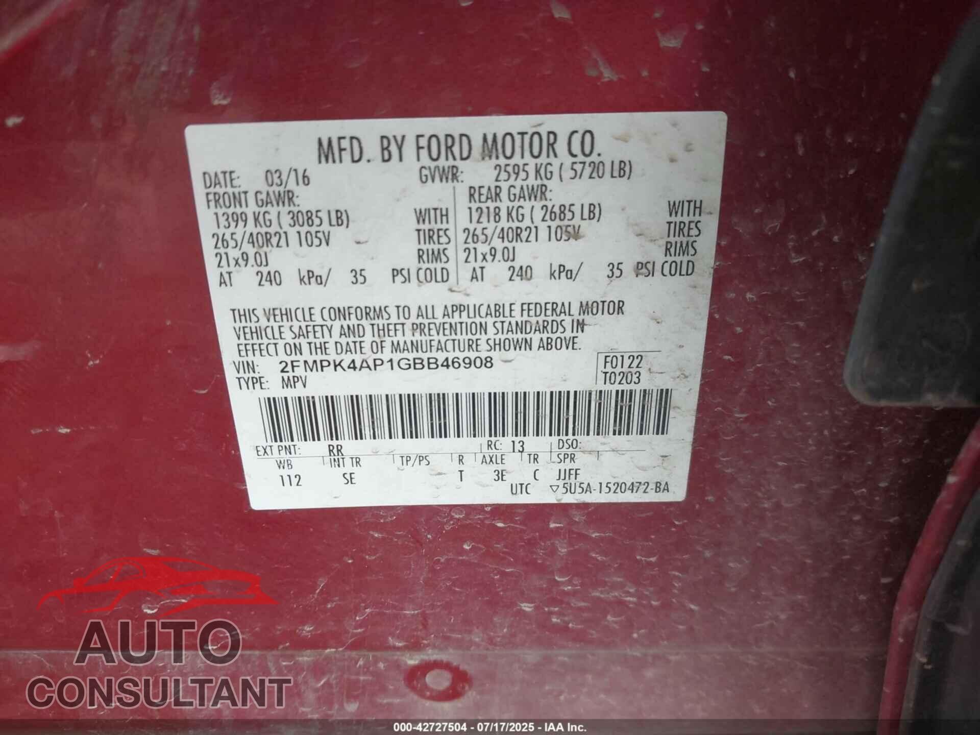 FORD EDGE 2016 - 2FMPK4AP1GBB46908