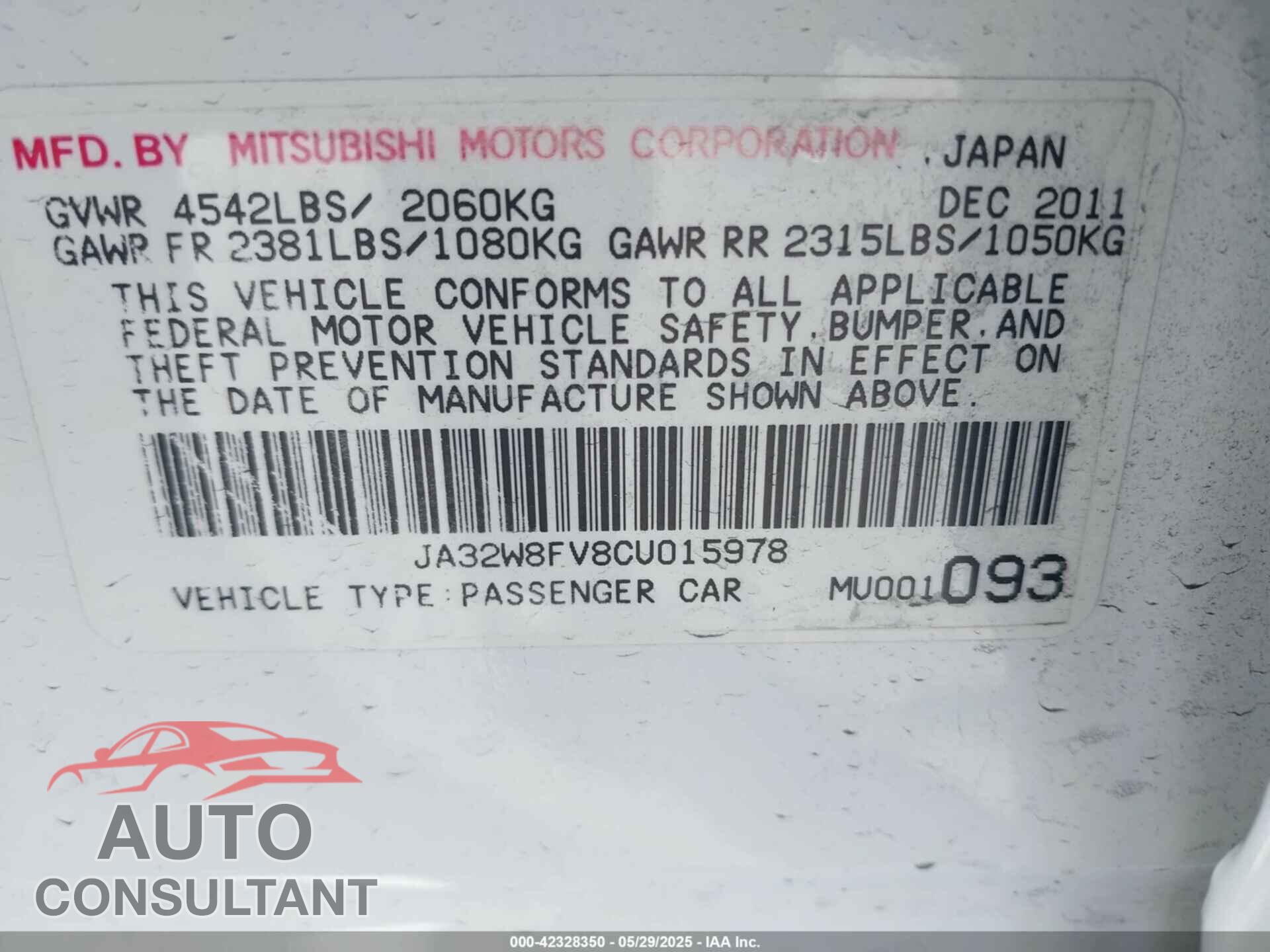 MITSUBISHI LANCER EVOLUTION 2012 - JA32W8FV8CU015978