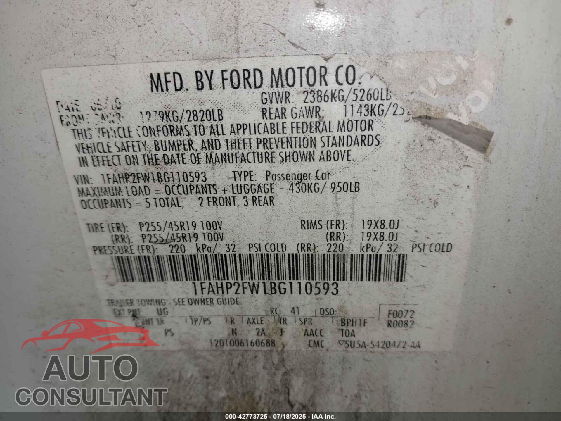 FORD TAURUS 2011 - 1FAHP2FW1BG110593