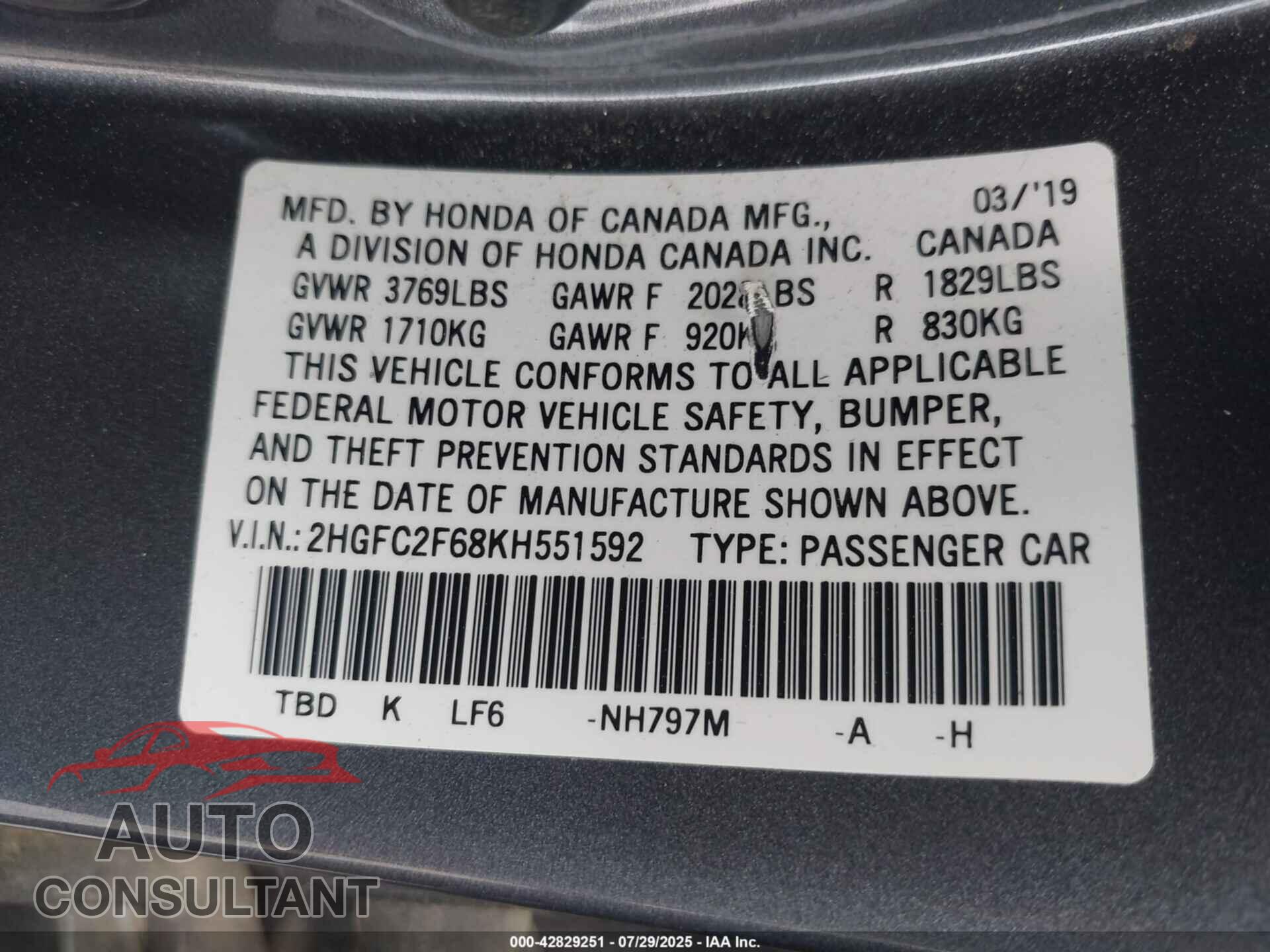 HONDA CIVIC 2019 - 2HGFC2F68KH551592