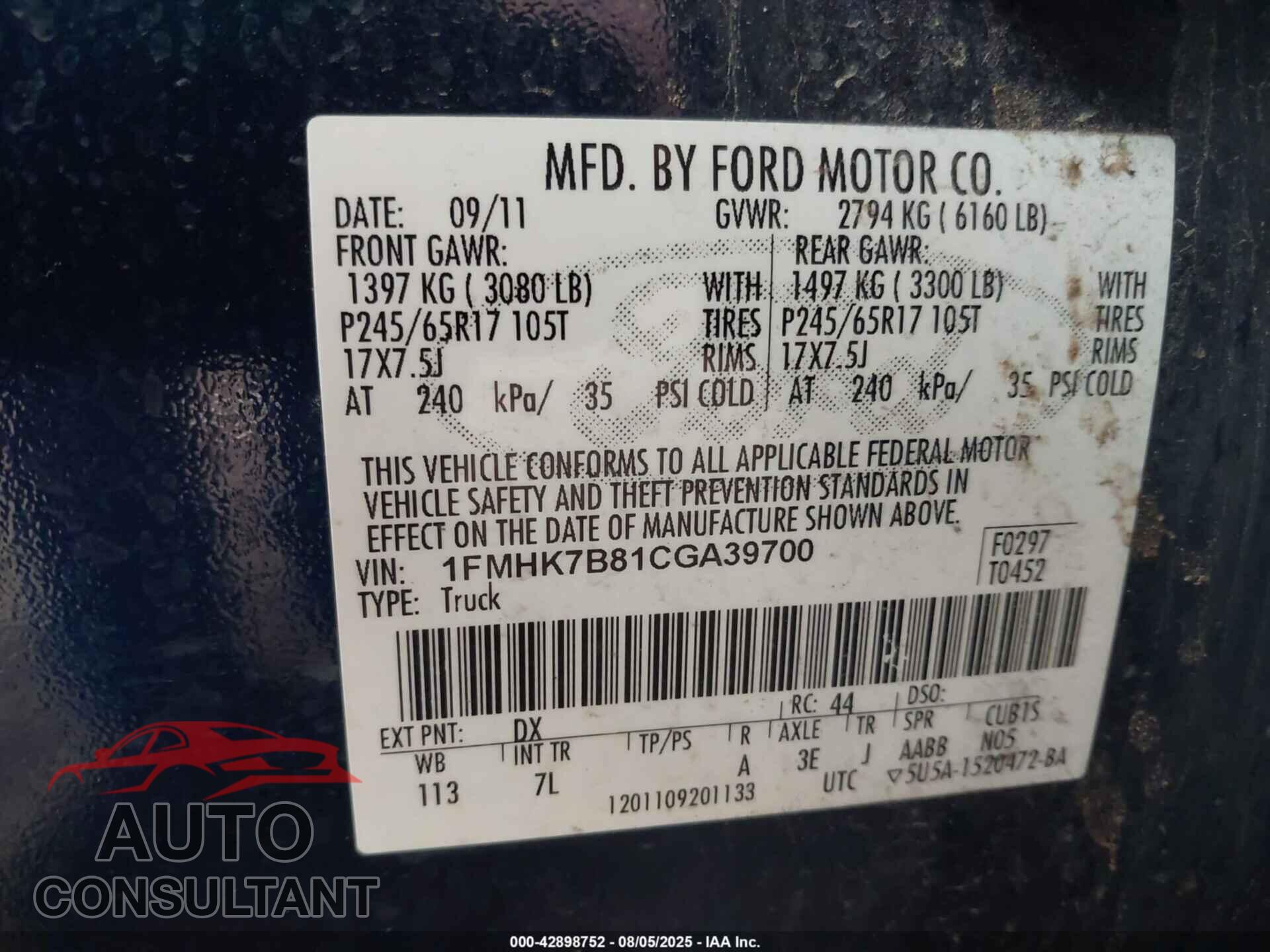 FORD EXPLORER 2012 - 1FMHK7B81CGA39700