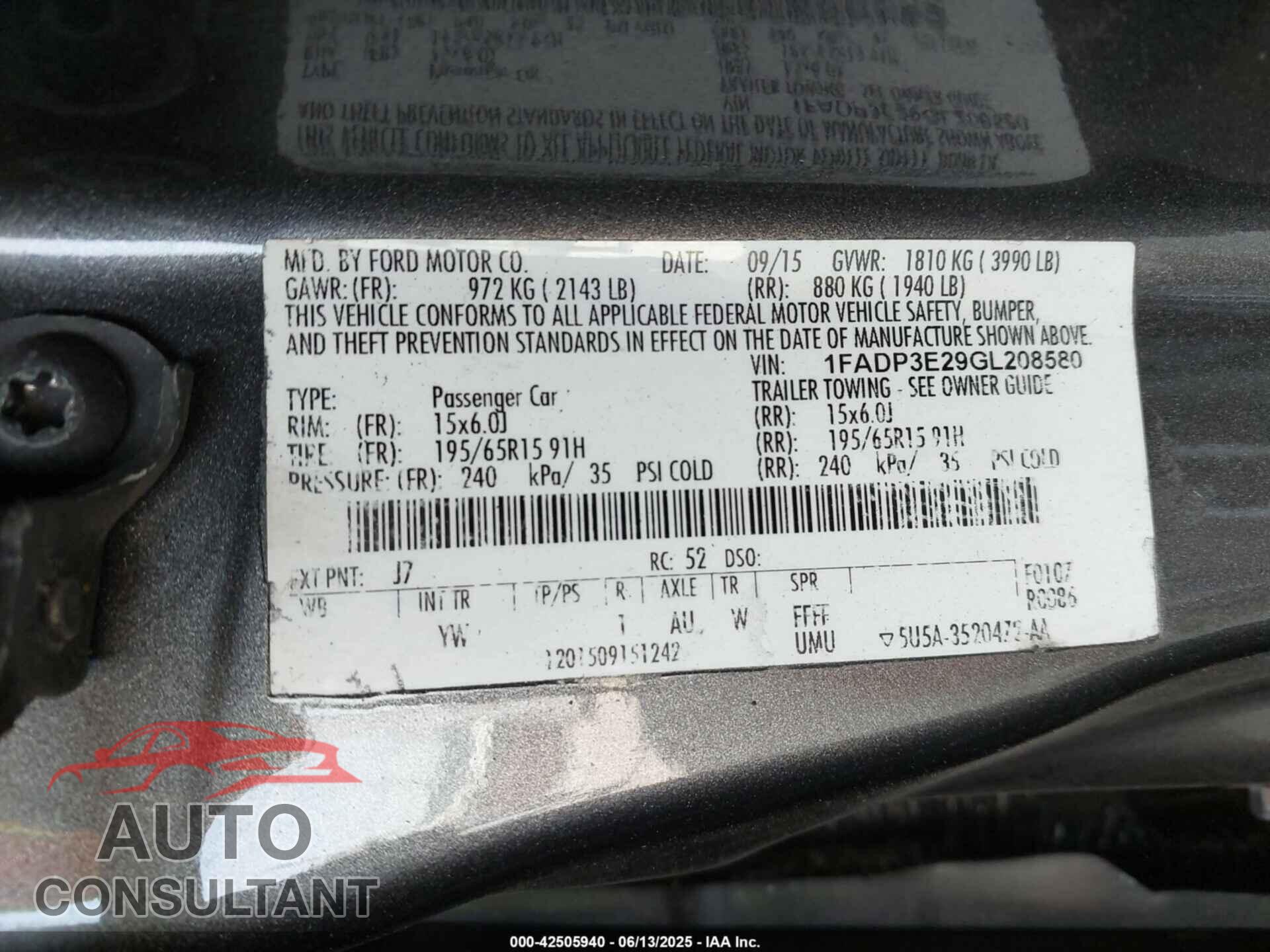 FORD FOCUS 2016 - 1FADP3E29GL208580