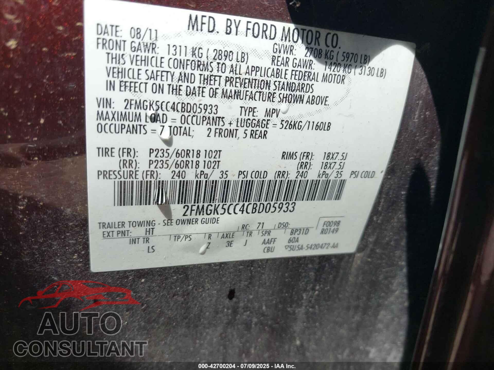 FORD FLEX 2012 - 2FMGK5CC4CBD05933