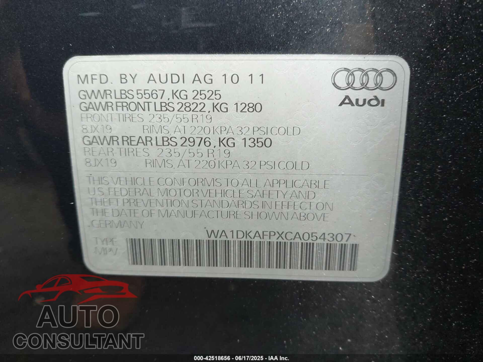 AUDI Q5 2012 - WA1DKAFPXCA054307