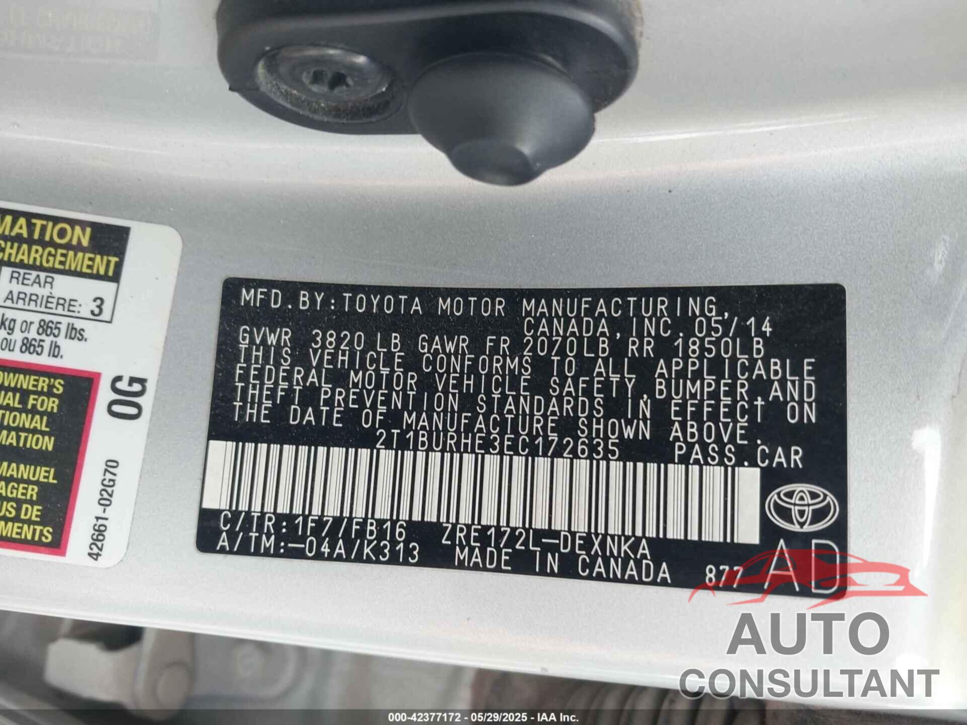 TOYOTA COROLLA 2014 - 2T1BURHE3EC172635