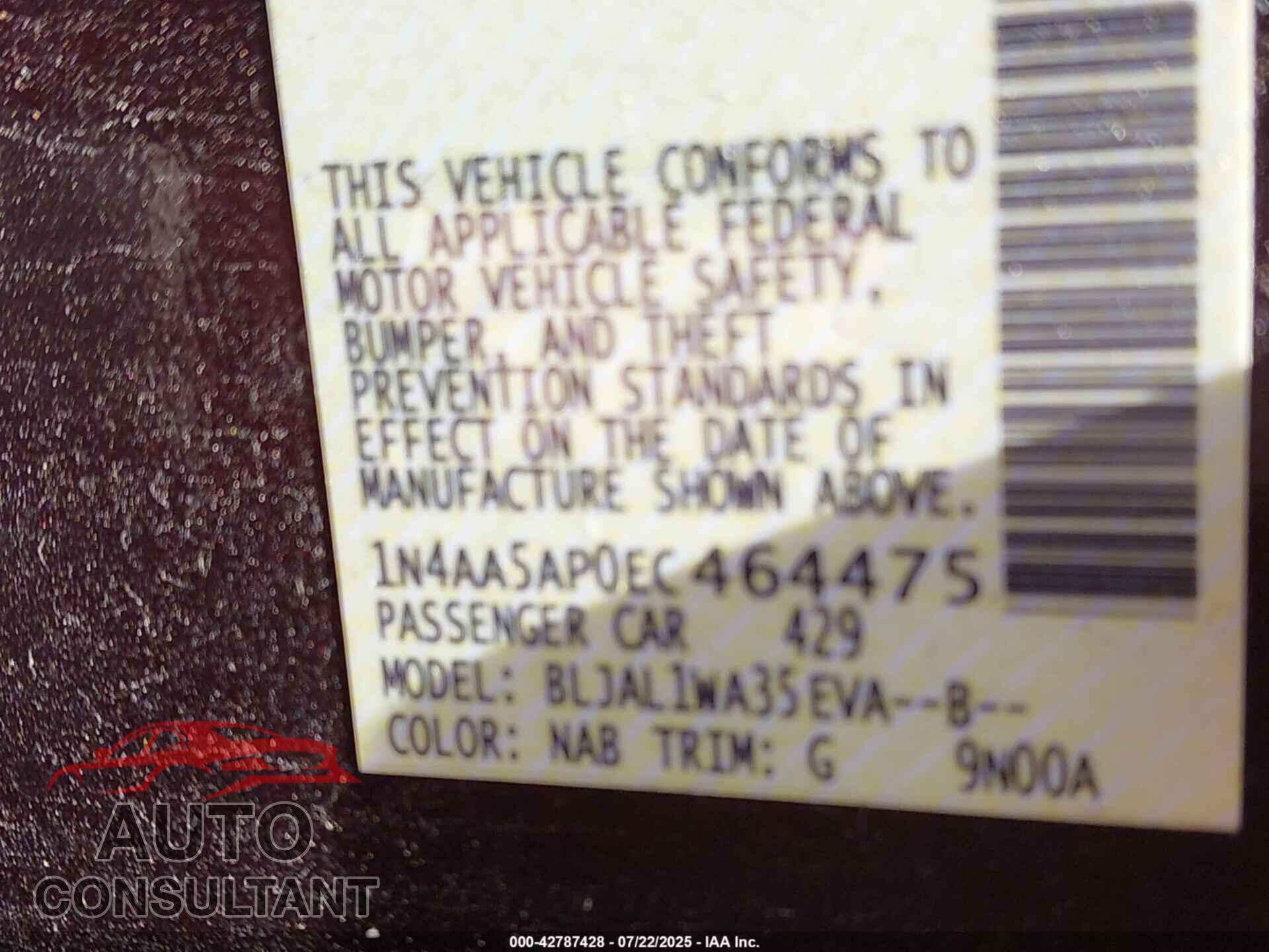 NISSAN MAXIMA 2014 - 1N4AA5AP0EC464475