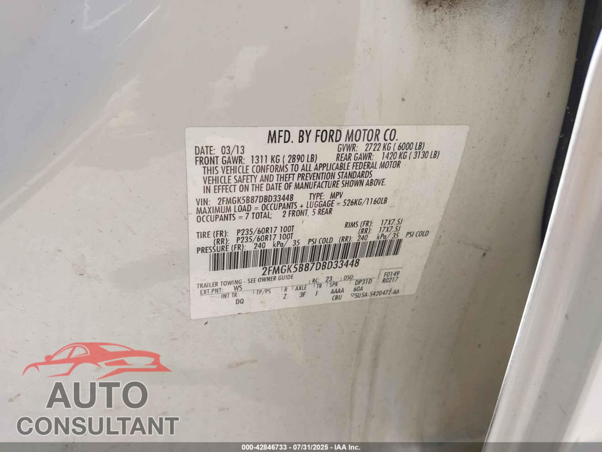 FORD FLEX 2013 - 2FMGK5B87DBD33448