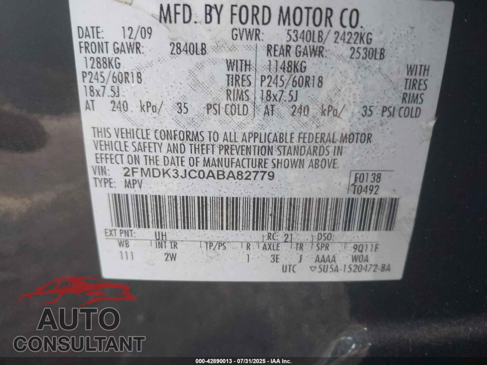 FORD EDGE 2010 - 2FMDK3JC0ABA82779