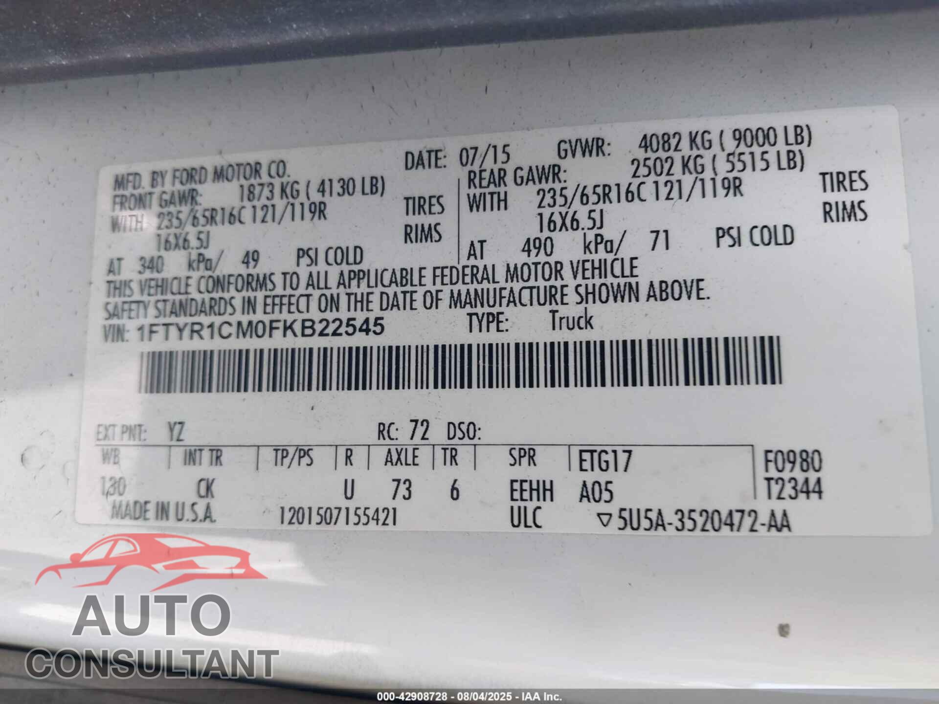FORD TRANSIT-250 2015 - 1FTYR1CM0FKB22545