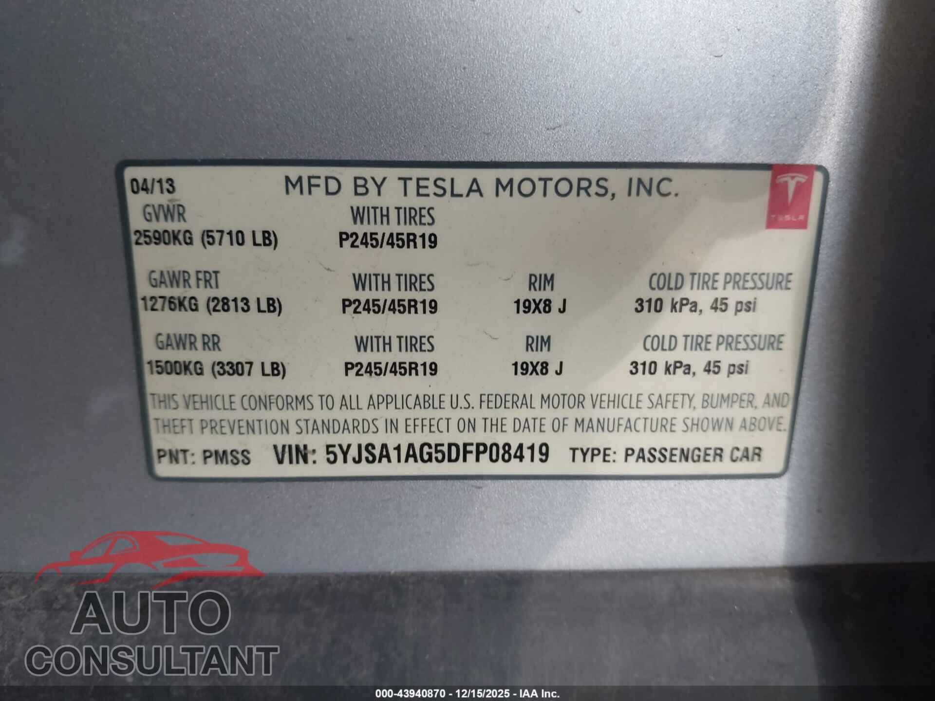 TESLA MODEL S 2013 - 5YJSA1AG5DFP08419