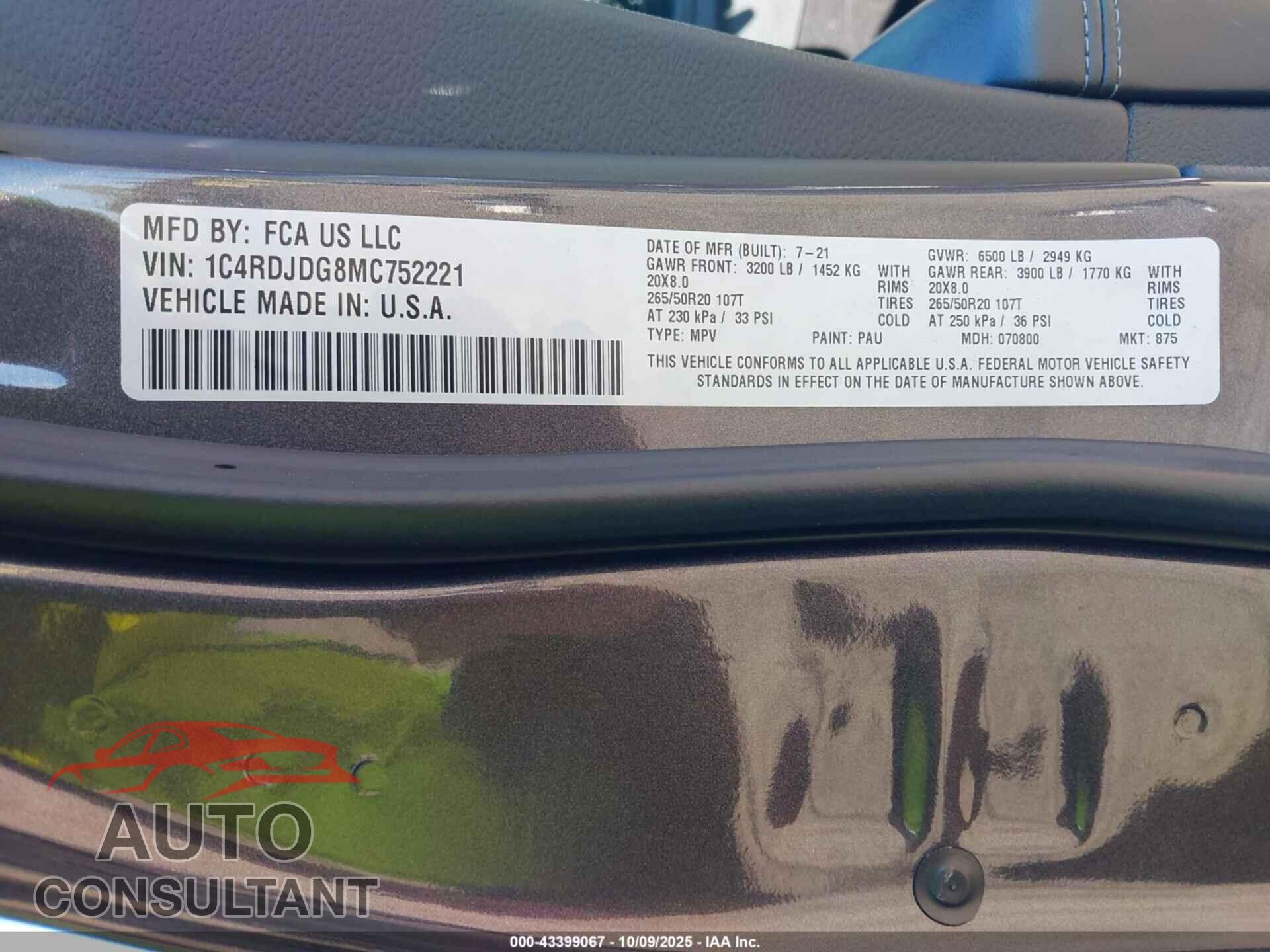 DODGE DURANGO 2021 - 1C4RDJDG8MC752221