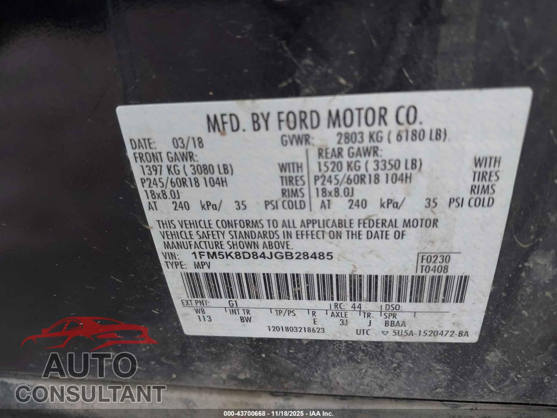 FORD EXPLORER 2018 - 1FM5K8D84JGB28485