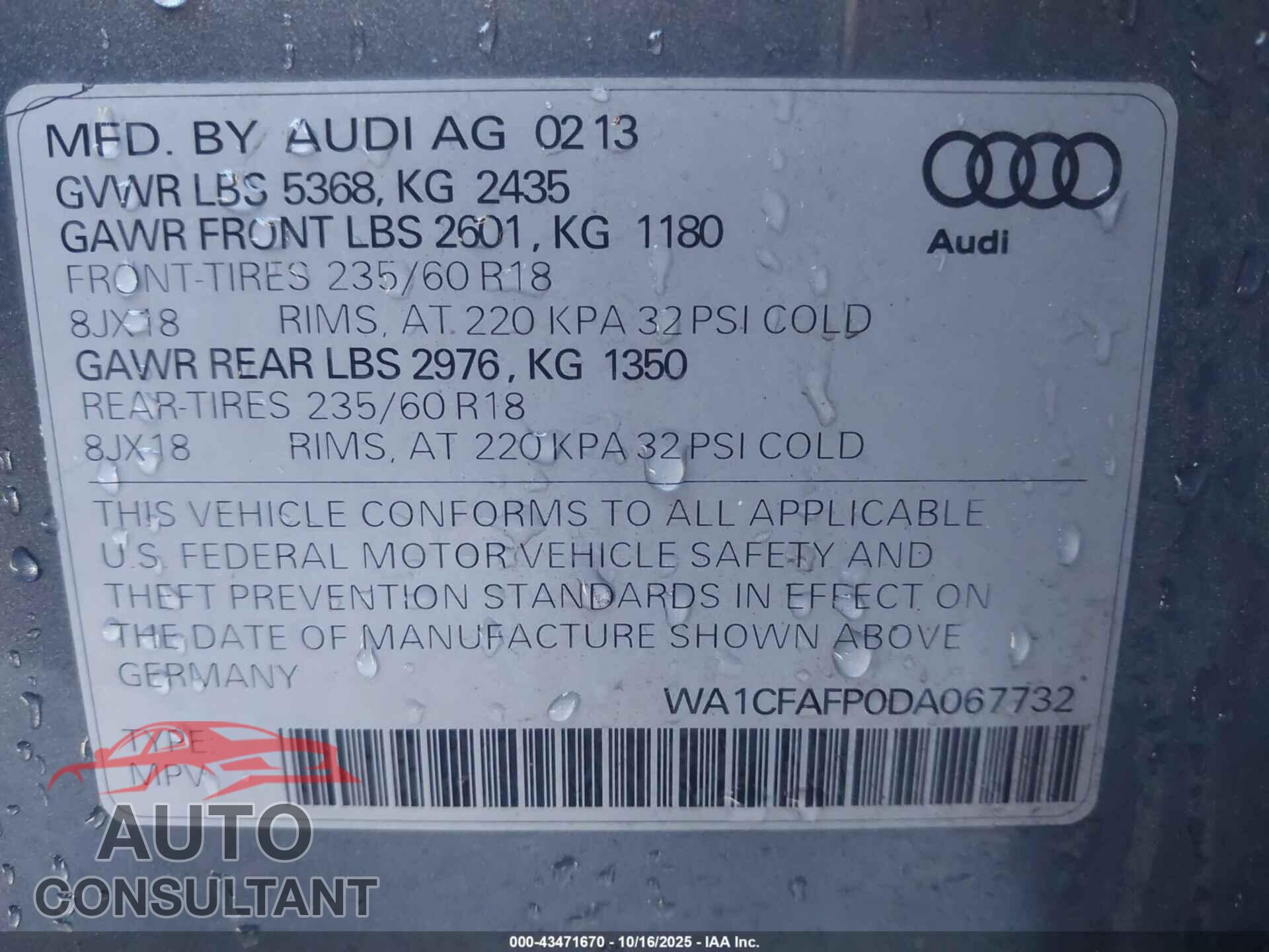 AUDI Q5 2013 - WA1CFAFP0DA067732