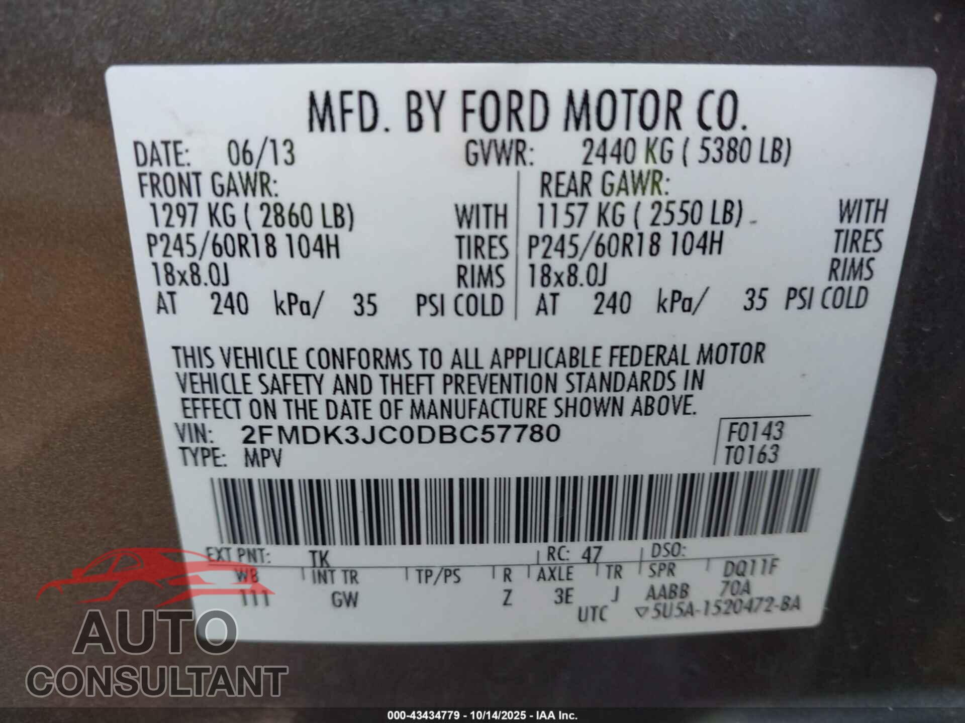 FORD EDGE 2013 - 2FMDK3JC0DBC57780