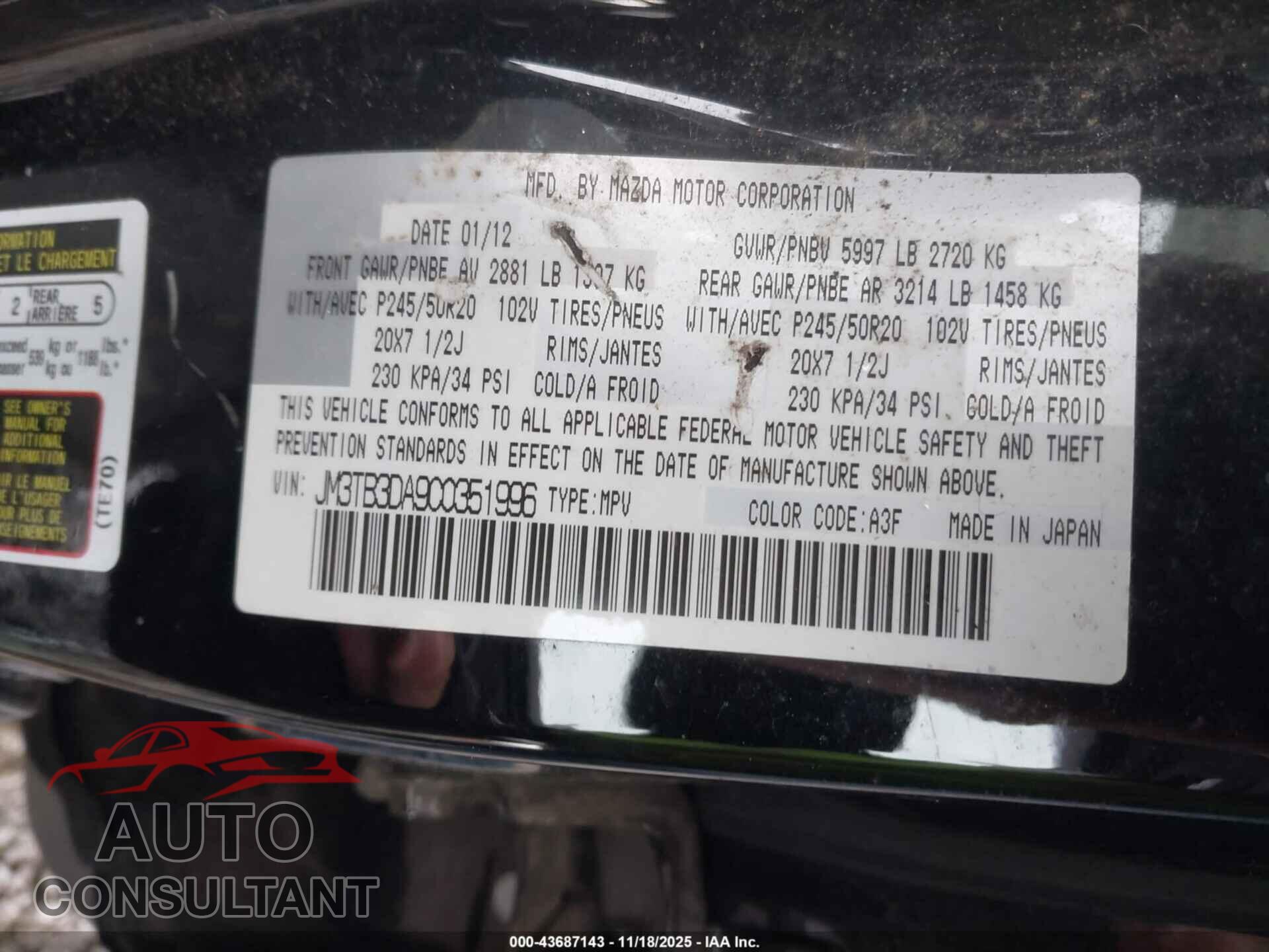 MAZDA CX-9 2012 - JM3TB3DA9C0351996