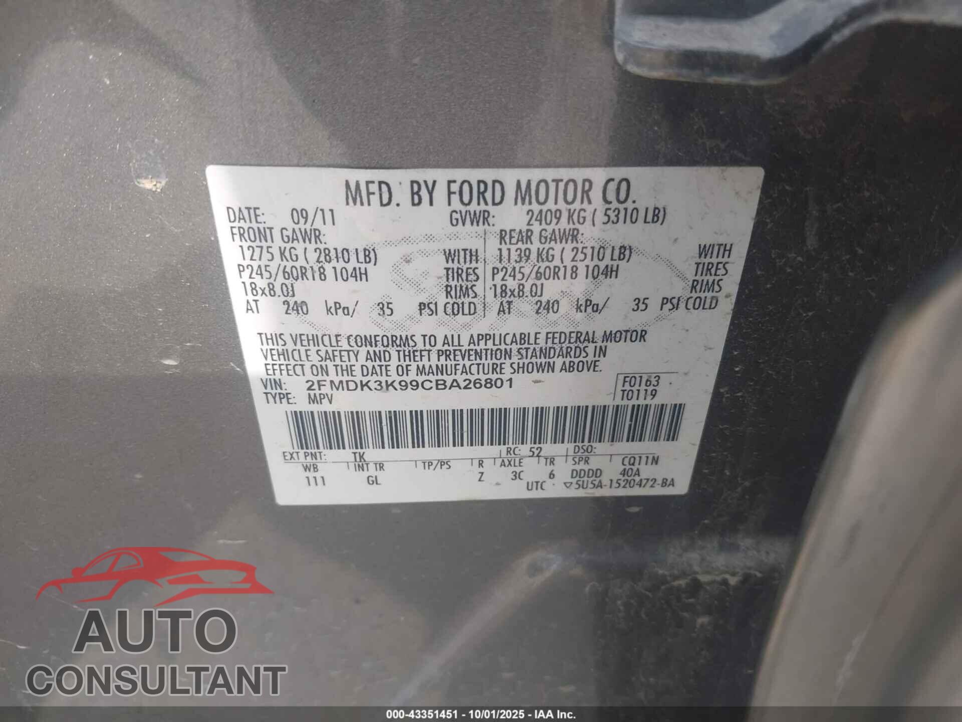 FORD EDGE 2012 - 2FMDK3K99CBA26801