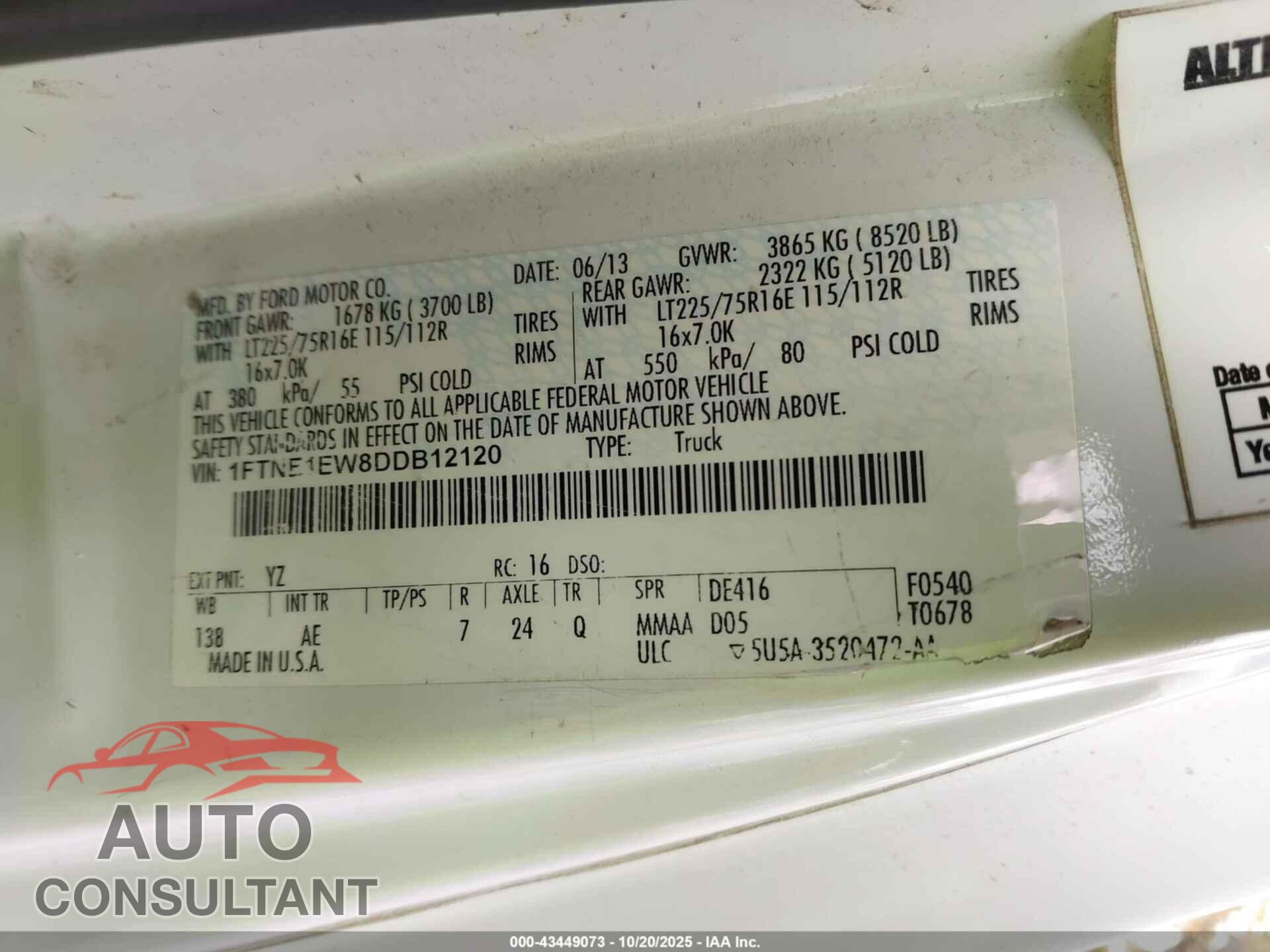 FORD E-150 2013 - 1FTNE1EW8DDB12120