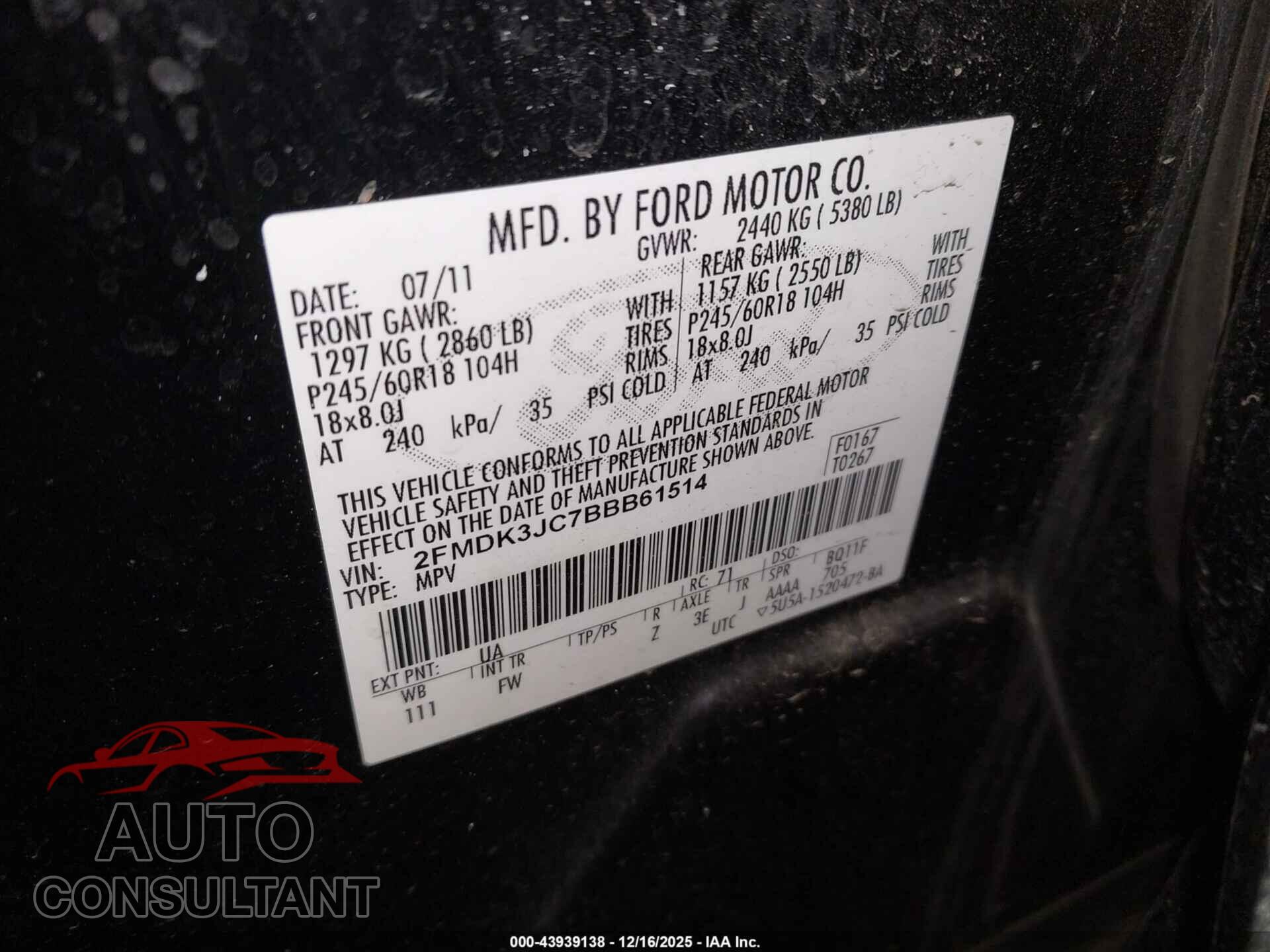FORD EDGE 2011 - 2FMDK3JC7BBB61514