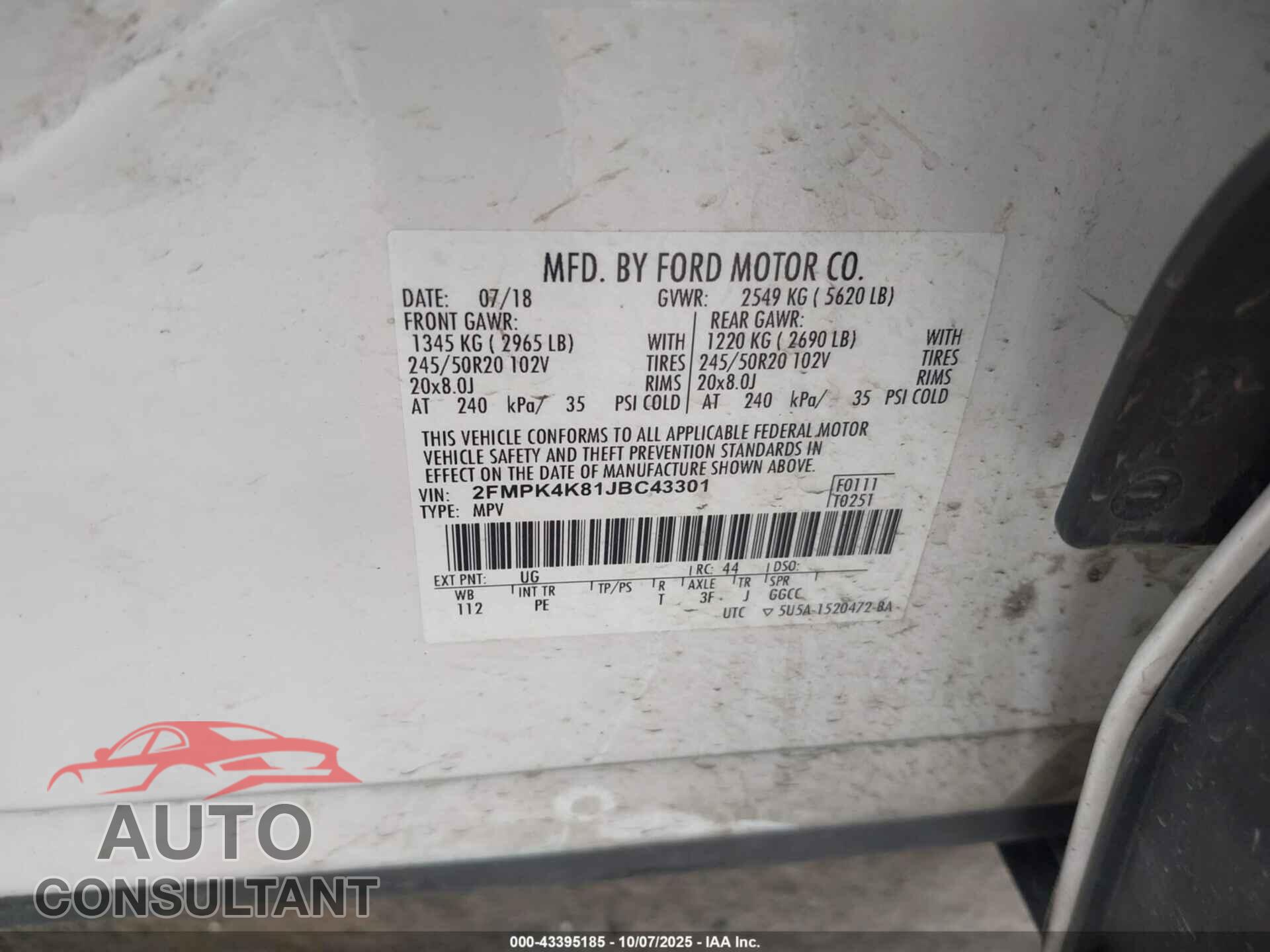 FORD EDGE 2018 - 2FMPK4K81JBC43301