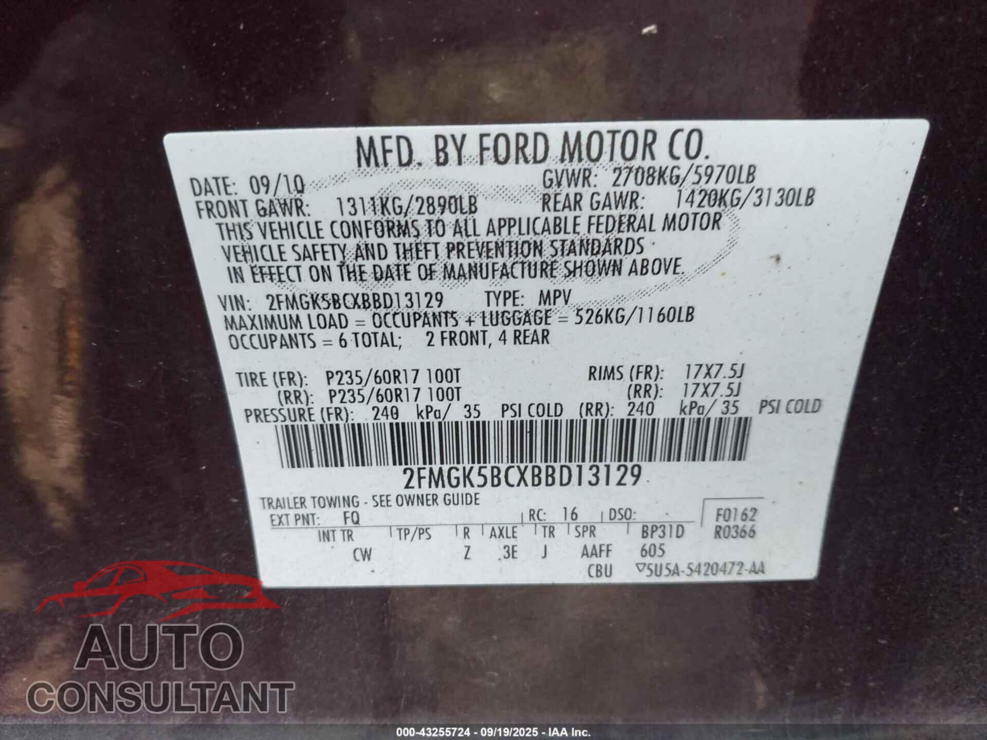 FORD FLEX 2011 - 2FMGK5BCXBBD13129