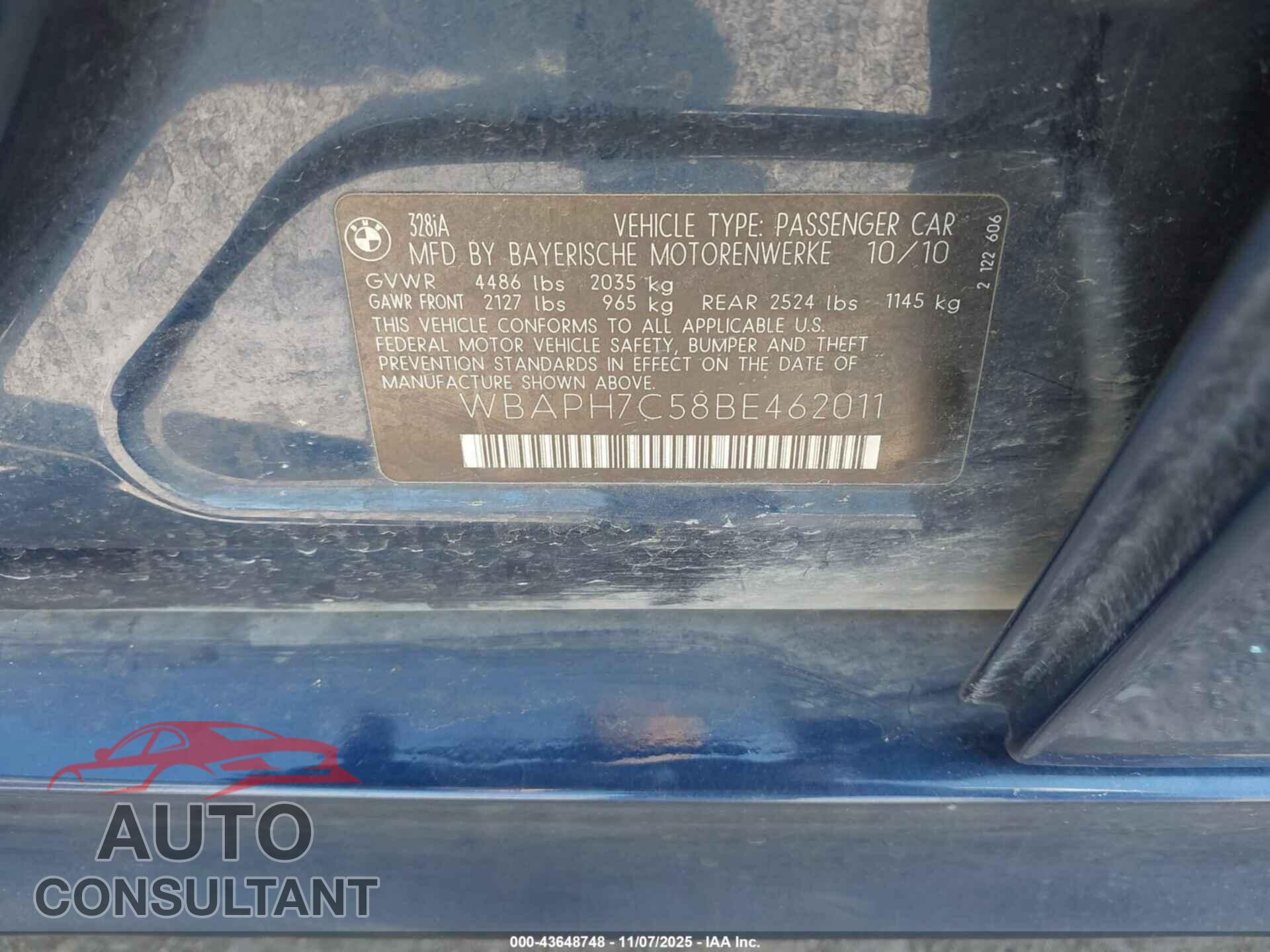 BMW 328I 2011 - WBAPH7C58BE462011