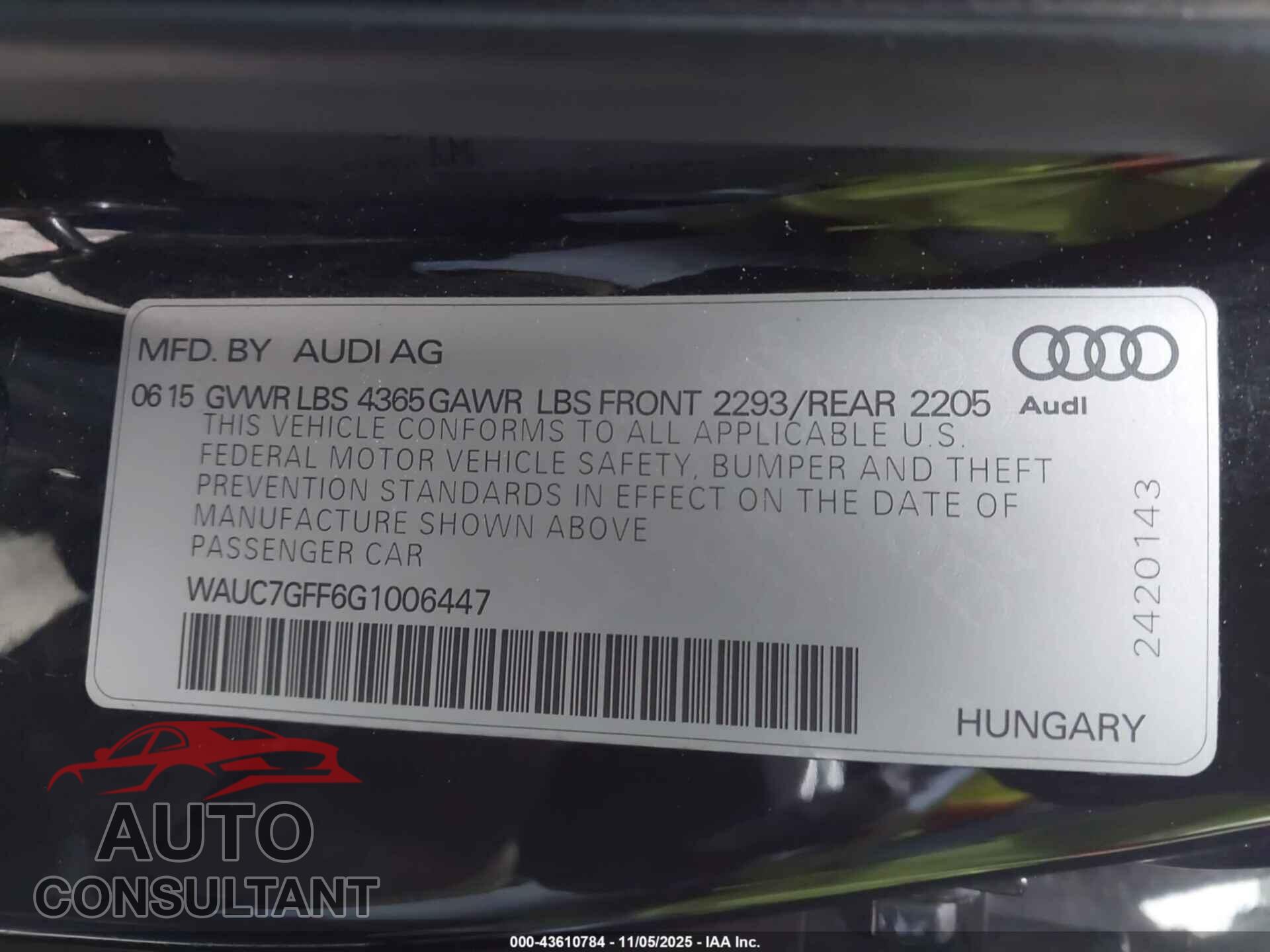 AUDI A3 2016 - WAUC7GFF6G1006447