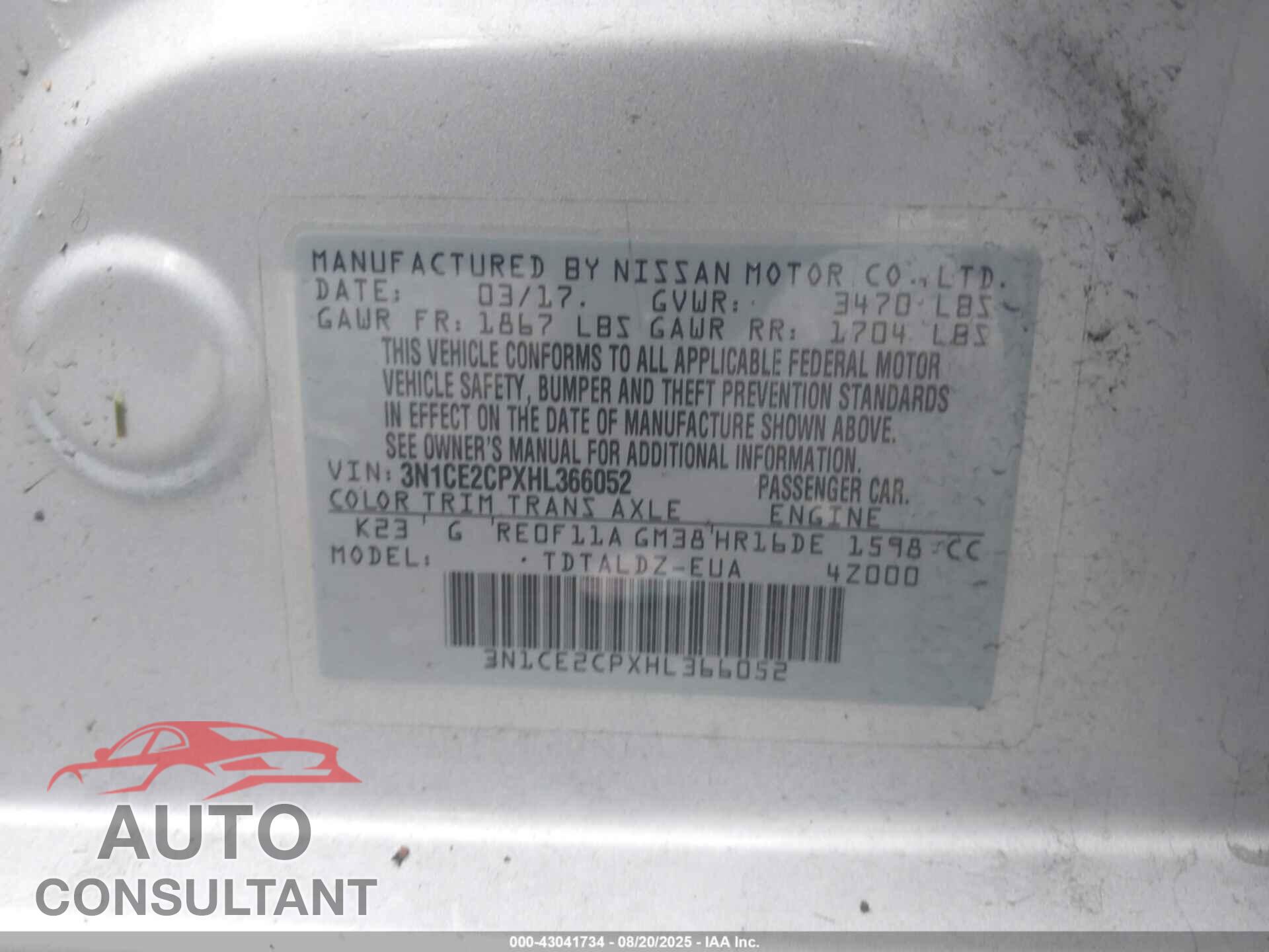 NISSAN VERSA NOTE 2017 - 3N1CE2CPXHL366052