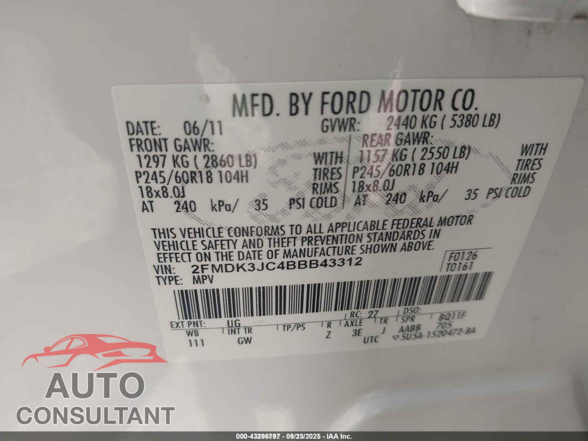 FORD EDGE 2011 - 2FMDK3JC4BBB43312