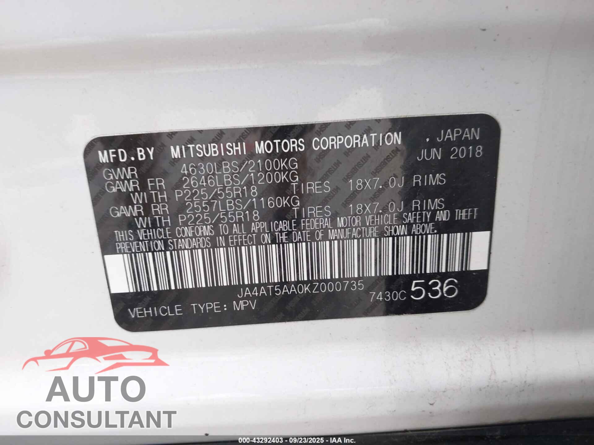 MITSUBISHI ECLIPSE CROSS 2019 - JA4AT5AA0KZ000735