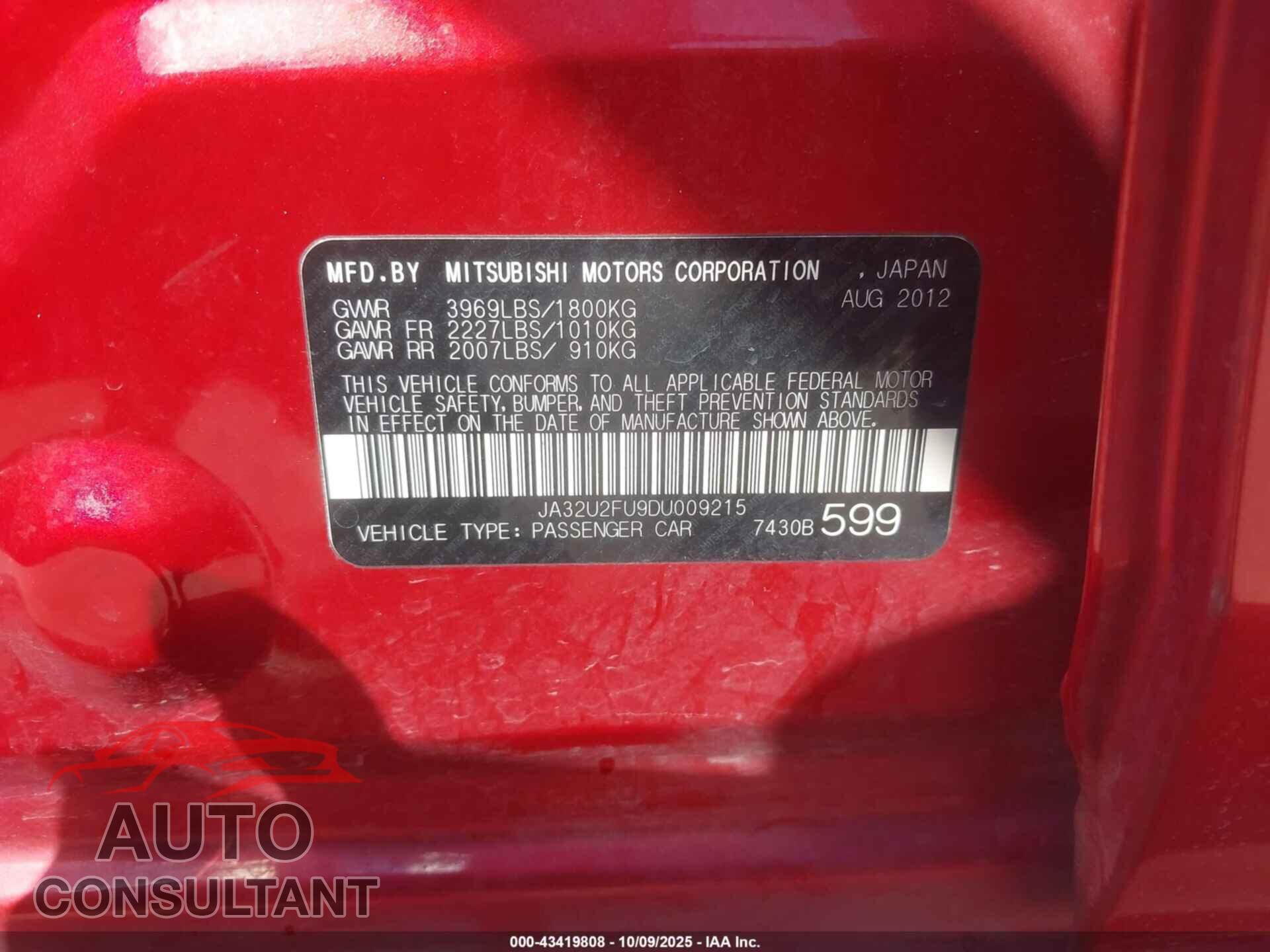 MITSUBISHI LANCER 2013 - JA32U2FU9DU009215