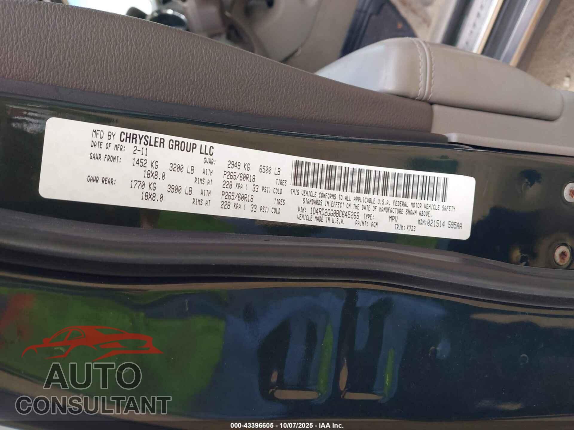 DODGE DURANGO 2011 - 1D4RD2GG8BC645266
