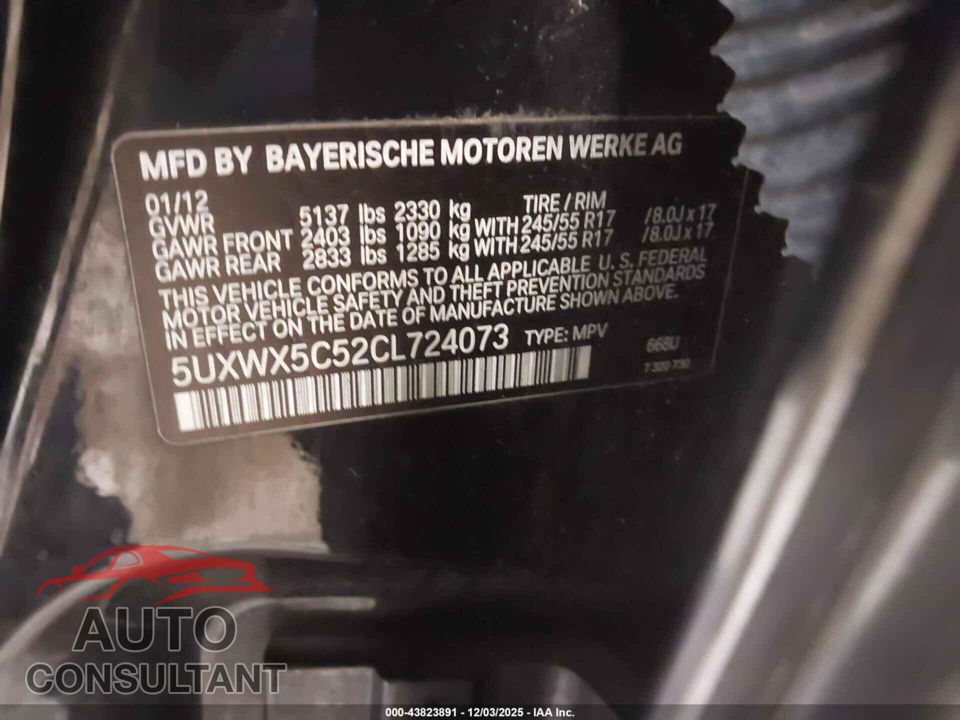 BMW X3 2012 - 5UXWX5C52CL724073
