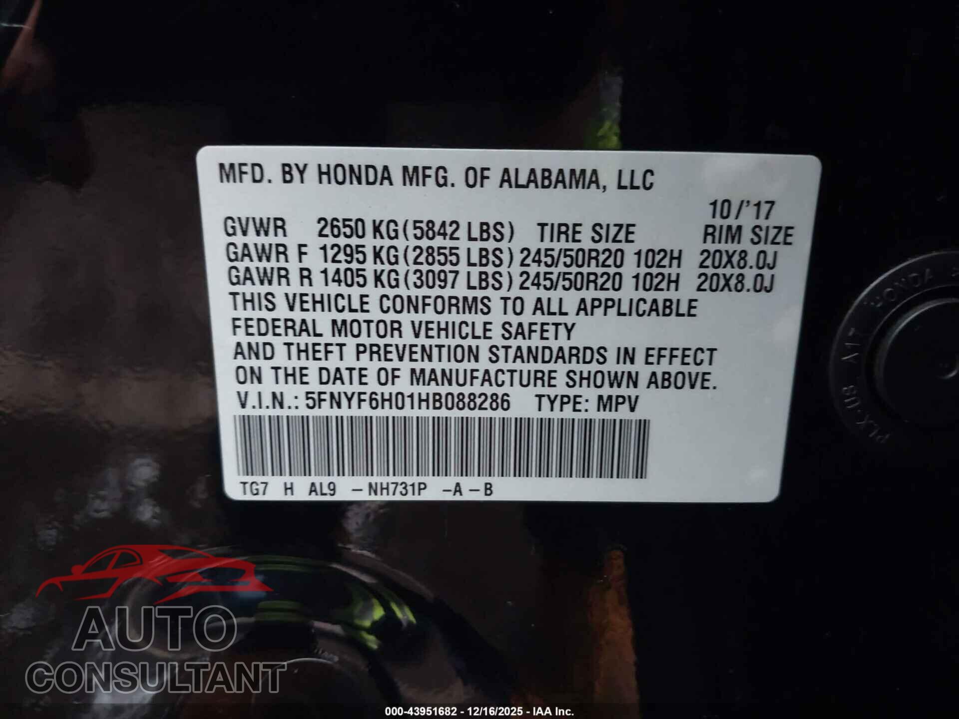 HONDA PILOT 2017 - 5FNYF6H01HB088286
