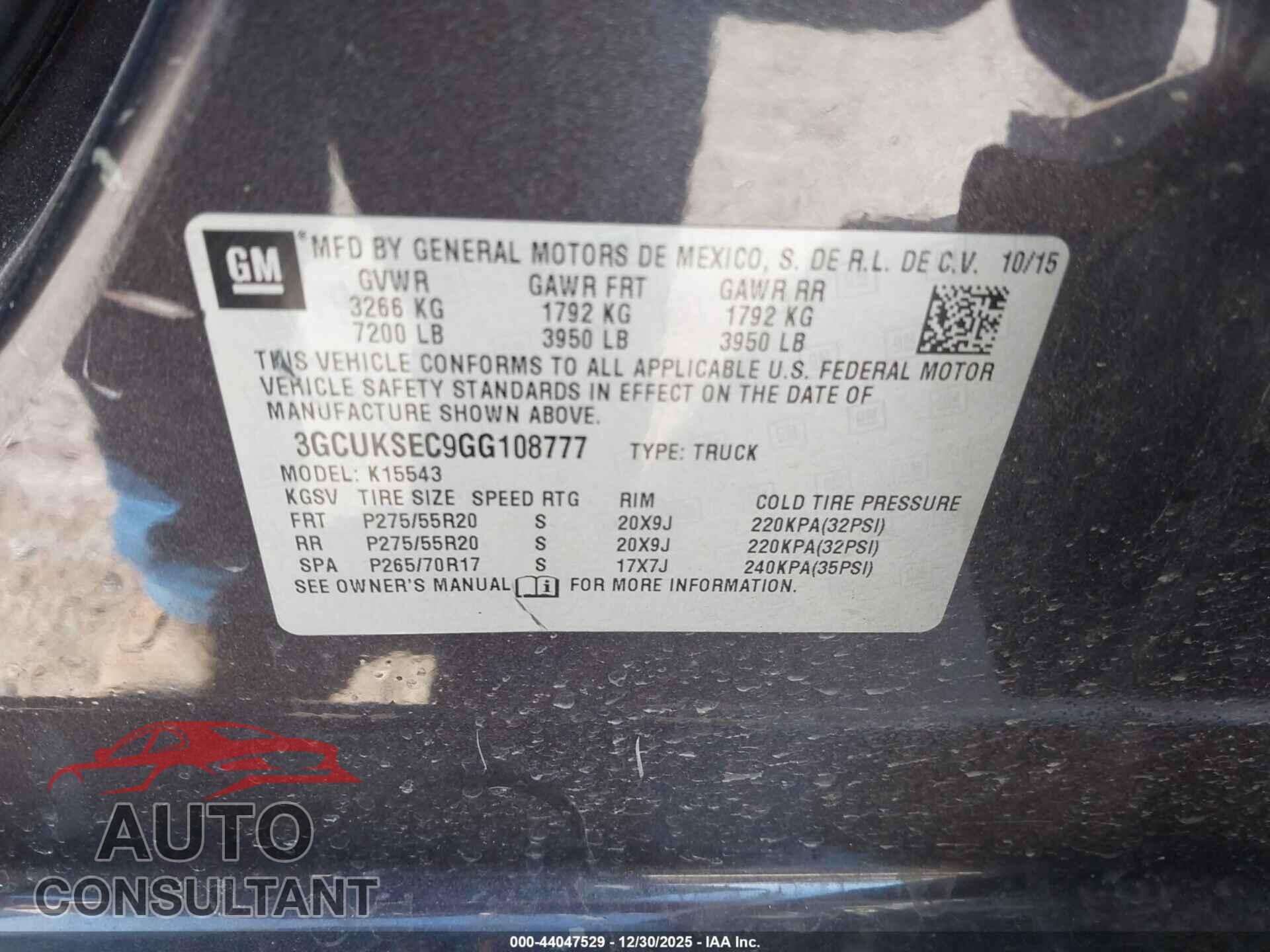 CHEVROLET SILVERADO 1500 2016 - 3GCUKSEC9GG108777