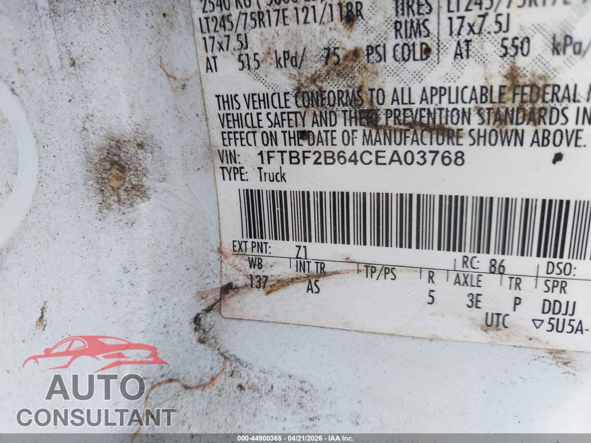 FORD F250 2012 - 1FTBF2B64CEA03768