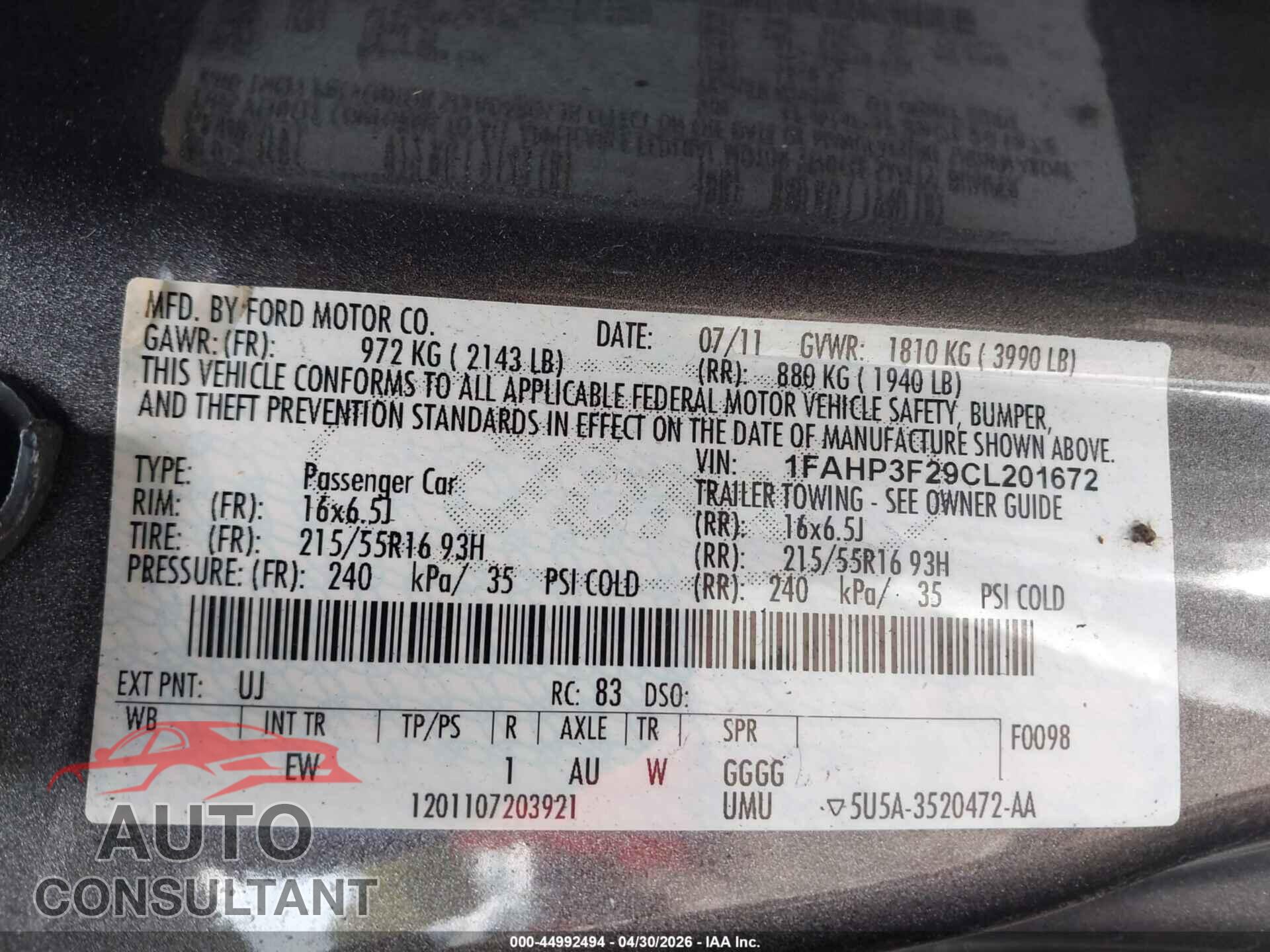 FORD FOCUS 2012 - 1FAHP3F29CL201672