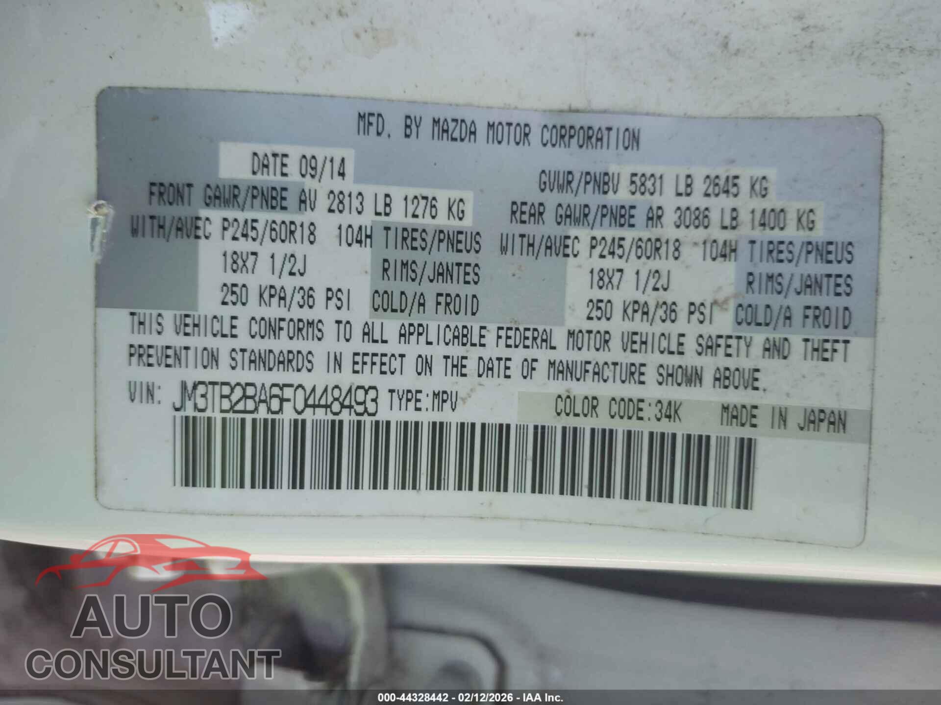 MAZDA CX-9 2015 - JM3TB2BA6F0448493
