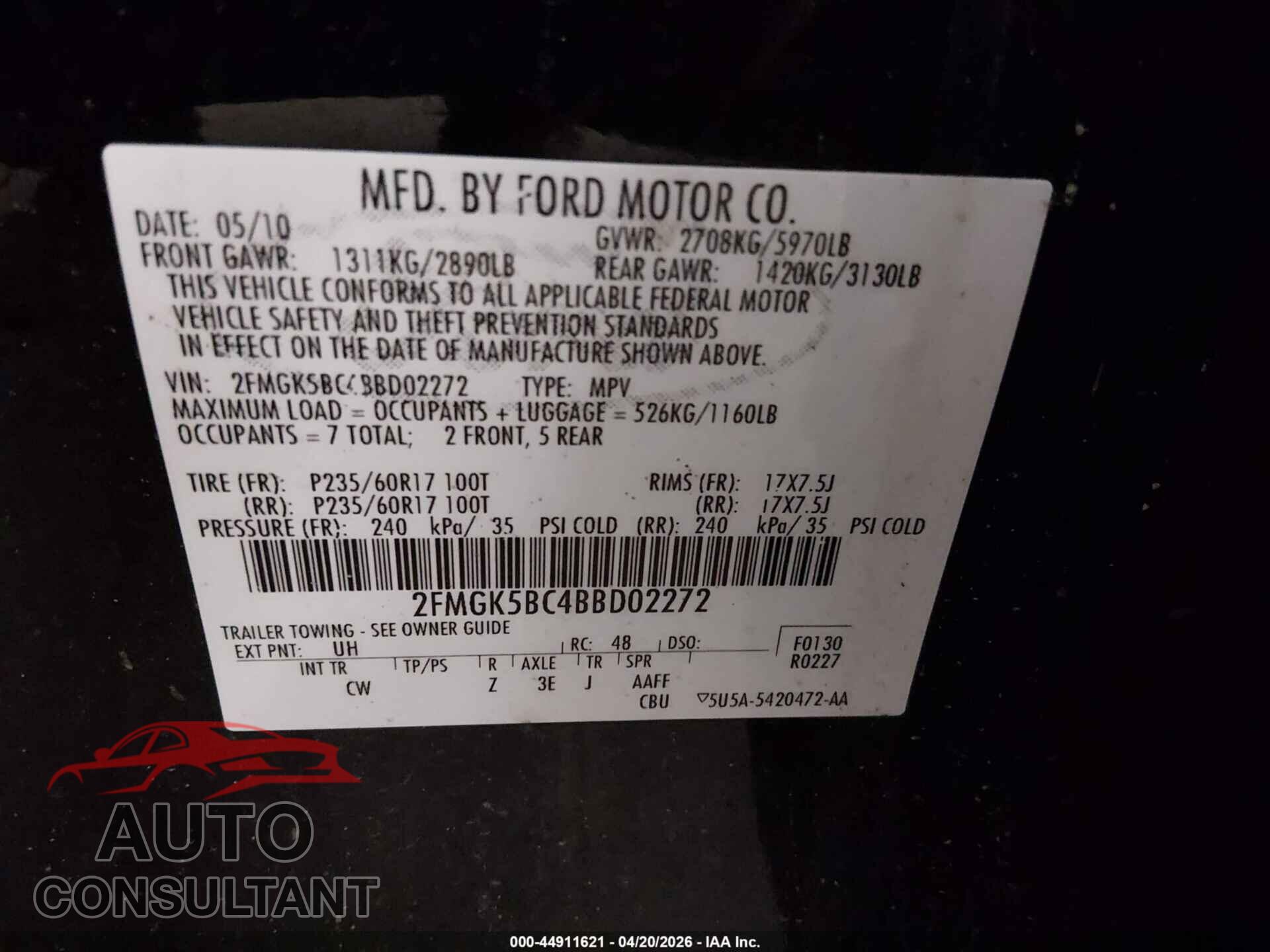 FORD FLEX 2011 - 2FMGK5BC4BBD02272