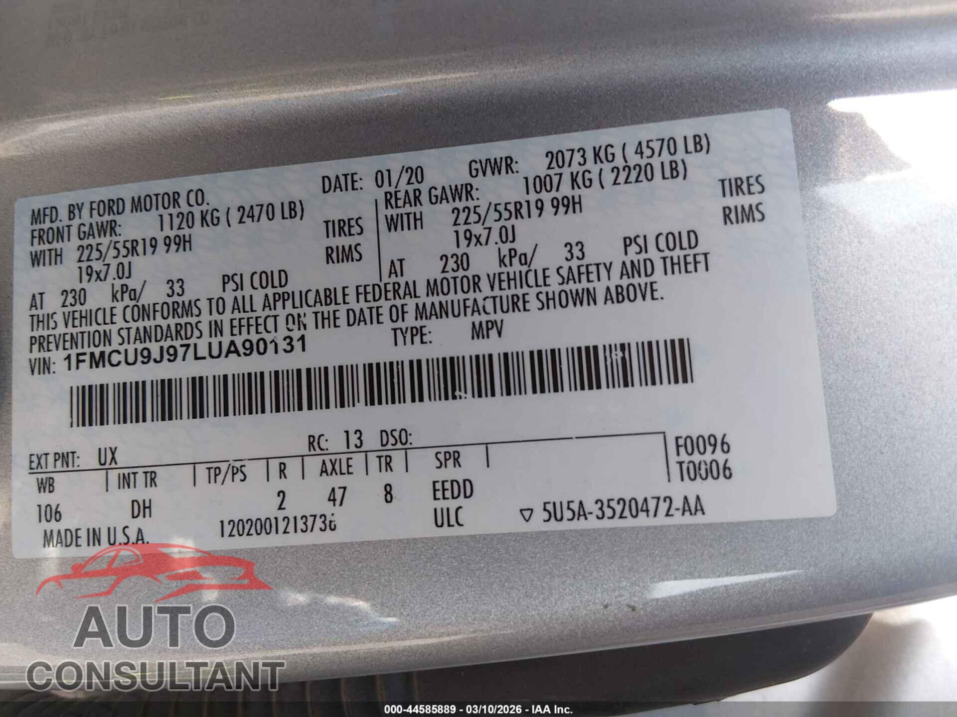 FORD ESCAPE 2020 - 1FMCU9J97LUA90131