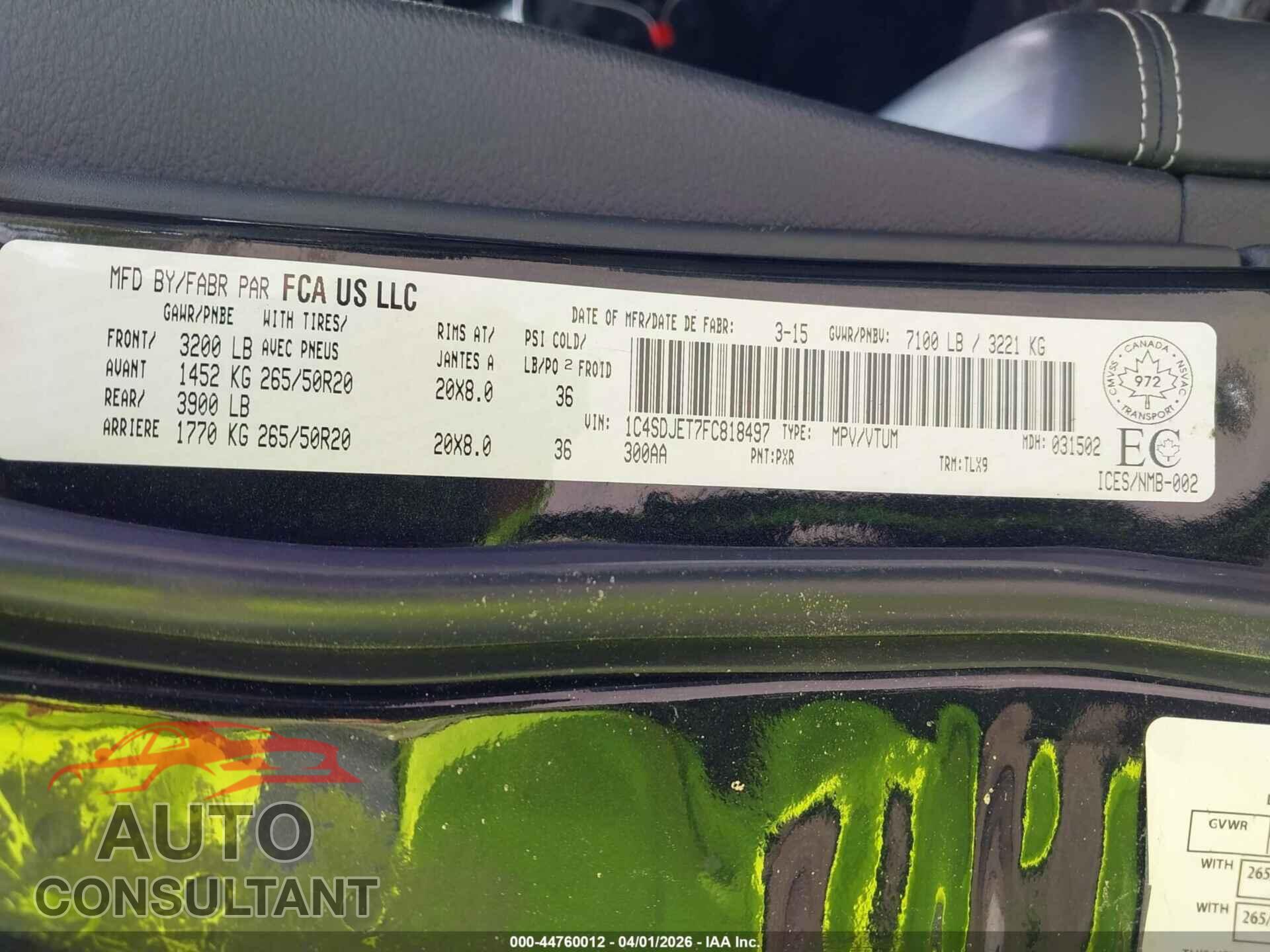 DODGE DURANGO 2015 - 1C4SDJET7FC818497