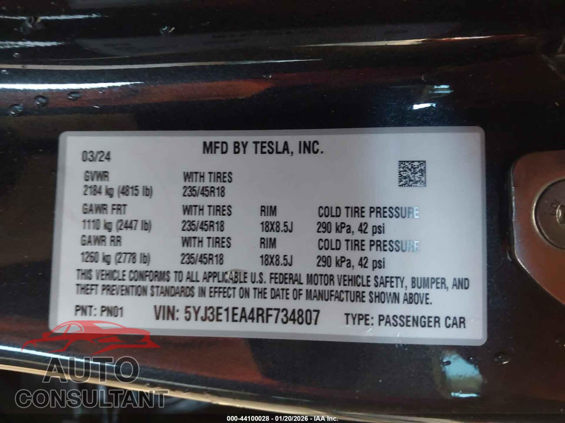 TESLA MODEL 3 2024 - 5YJ3E1EA4RF734807