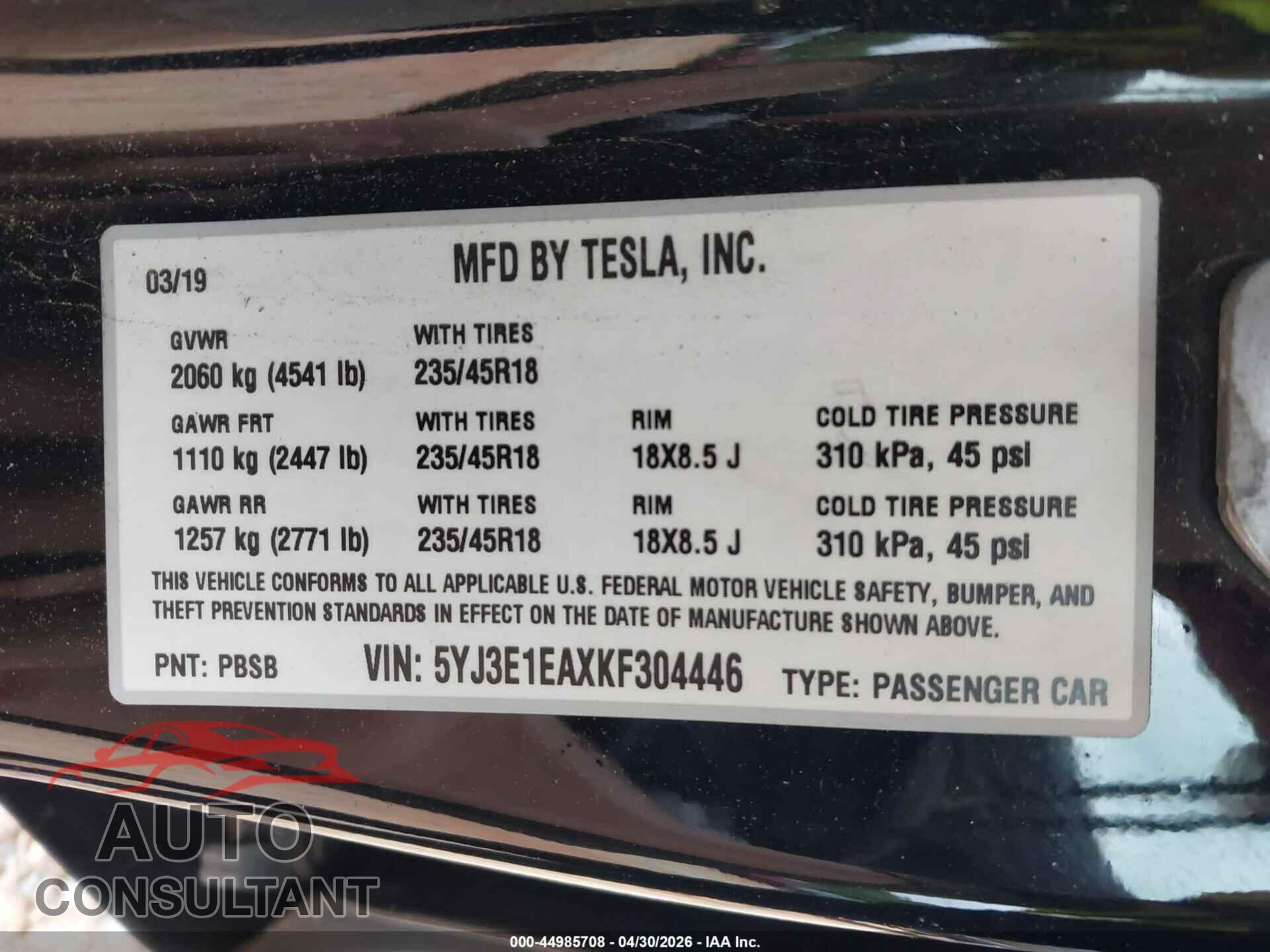 TESLA MODEL 3 2019 - 5YJ3E1EAXKF304446